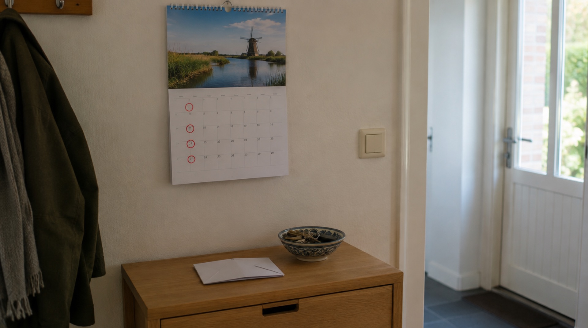 Wandkalender in een hal met een maandraster waarop vier dagen zijn omcirkeld, met een opgevouwen brief op het kastje eronder