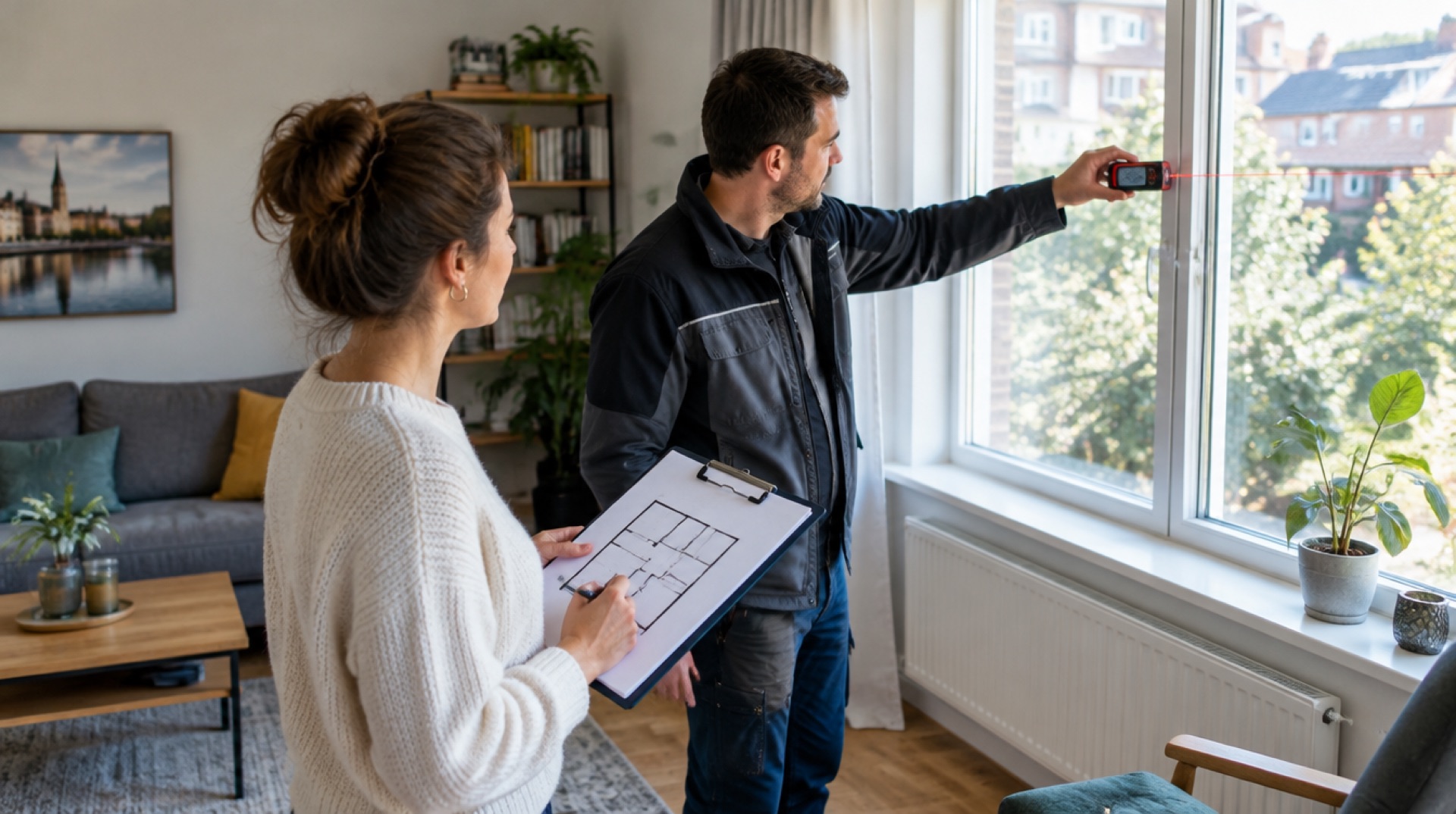 Adviseur meet een raam op terwijl de bewoner met een plattegrond meekijkt