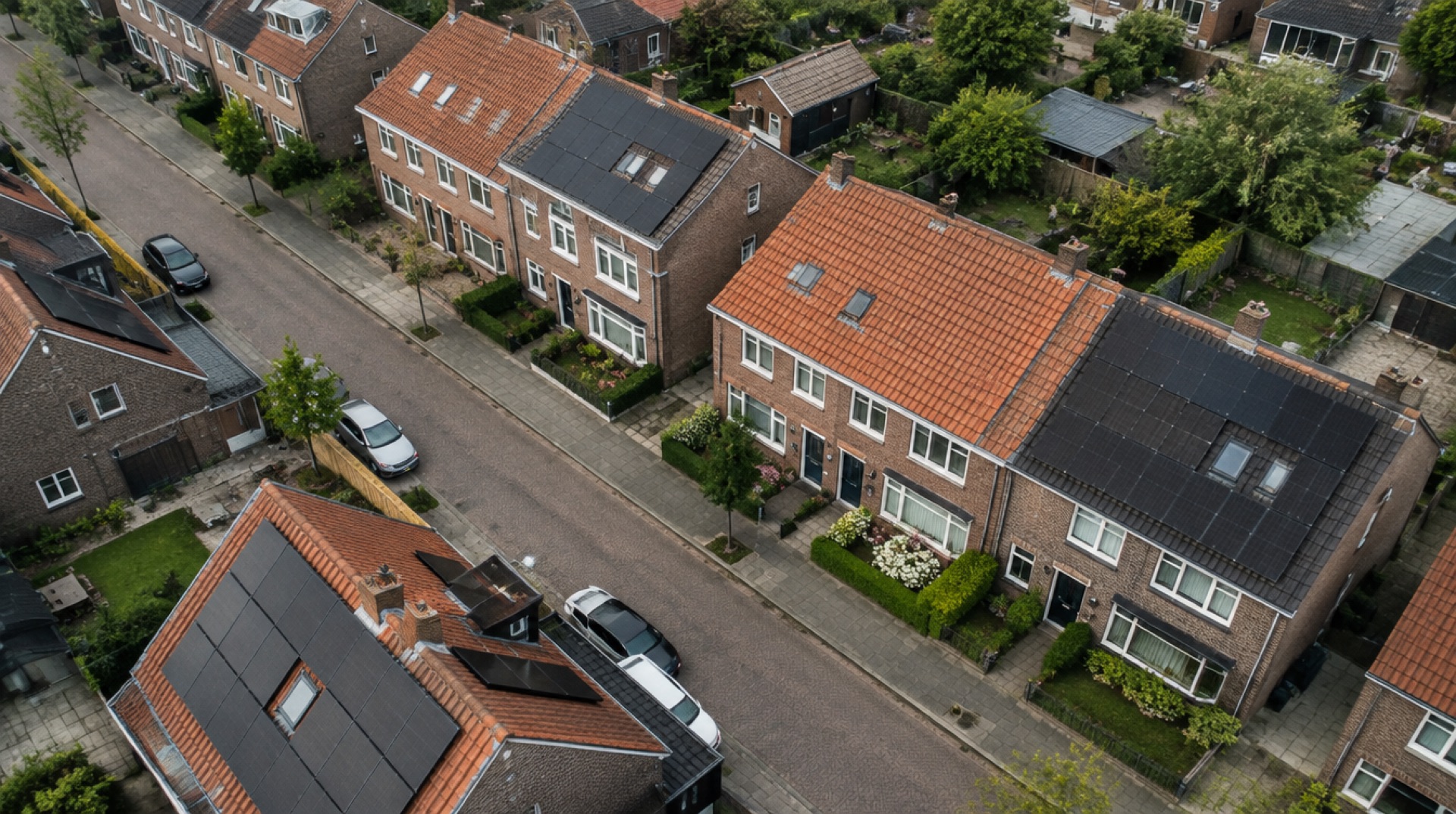 Luchtfoto van een Nederlandse straat met pannendaken, sommige met zonnepanelen en andere zonder