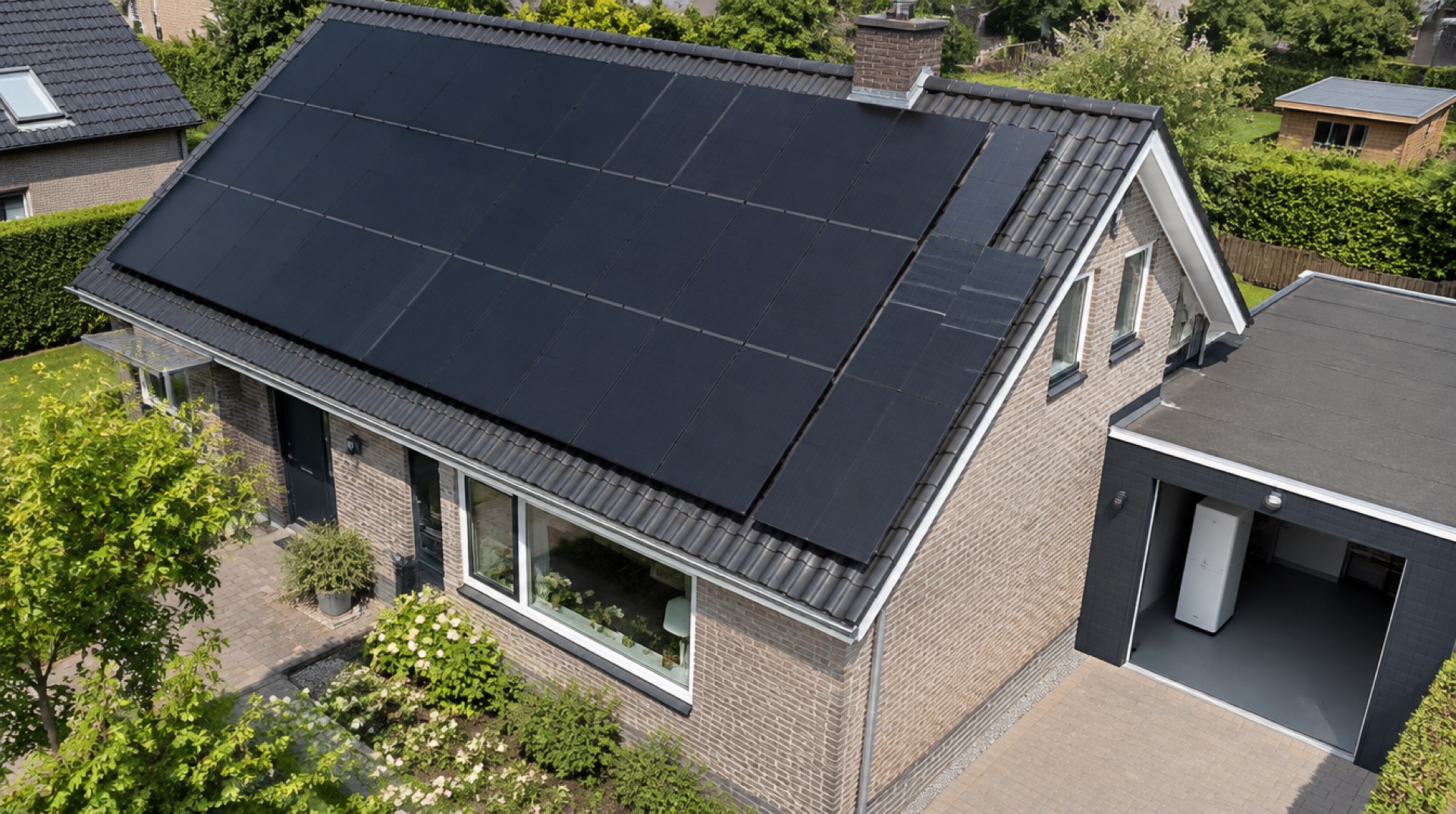 Luchtfoto van een vrijstaande woning met een dak vol zwarte zonnepanelen en een open garage ernaast waarin een hoge witte thuisbatterij staat