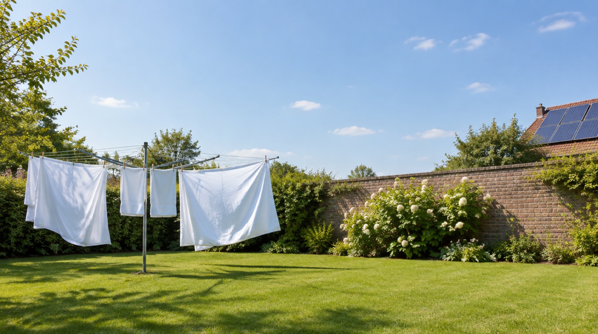 Wasgoed hangt aan een draailijn in een zonnige tuin, achter de bakstenen muur het dak van een huis met zonnepanelen