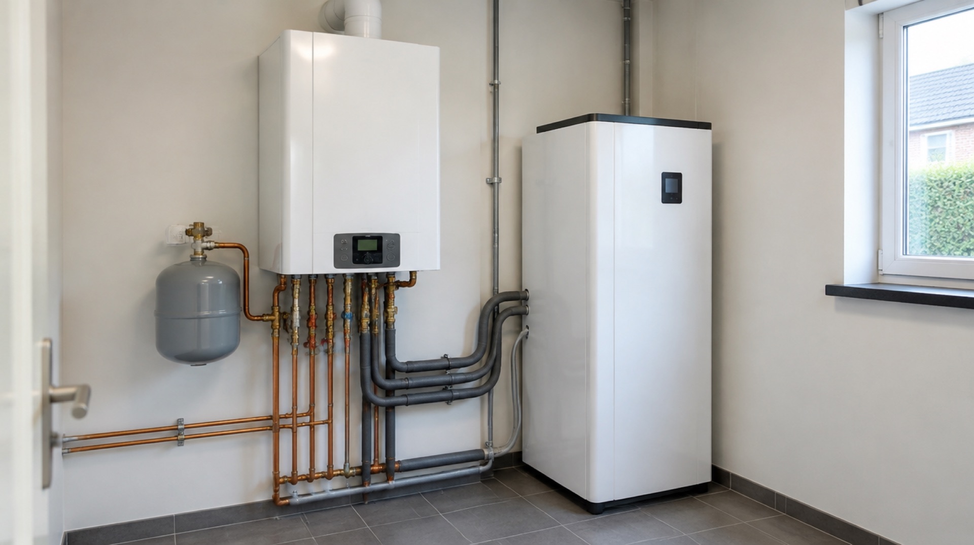 Witte wandketel met koperen leidingen naast een staande witte warmtepompunit in een technische ruimte