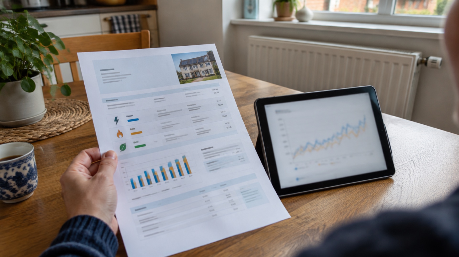 Hand houdt een uitgeprinte jaarafrekening met staafdiagram vast, naast een tablet met een lijngrafiek en een radiator op de achtergrond