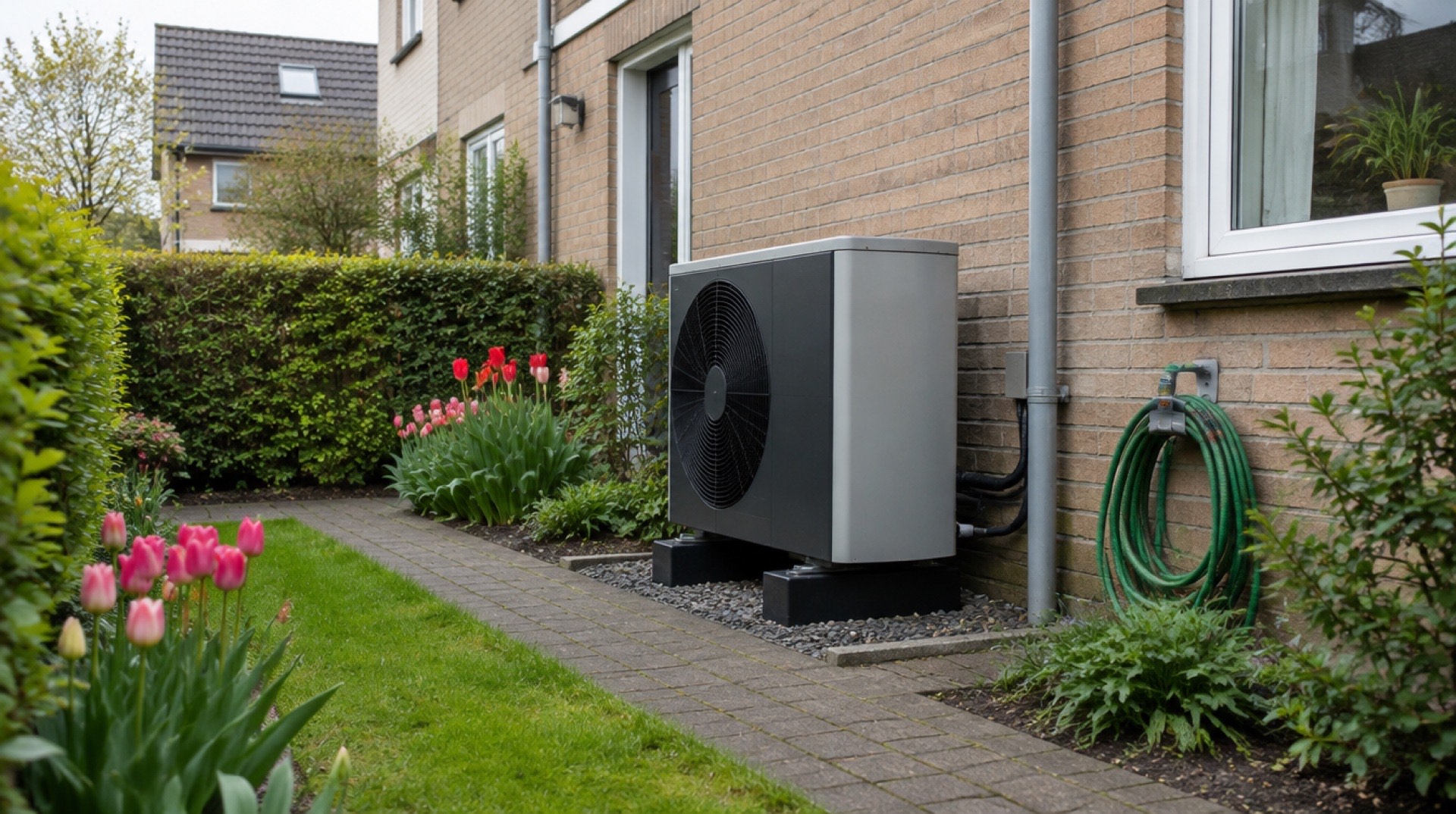 Hybride warmtepomp buitenunit naast een bakstenen muur met tulpen en een tuinslang