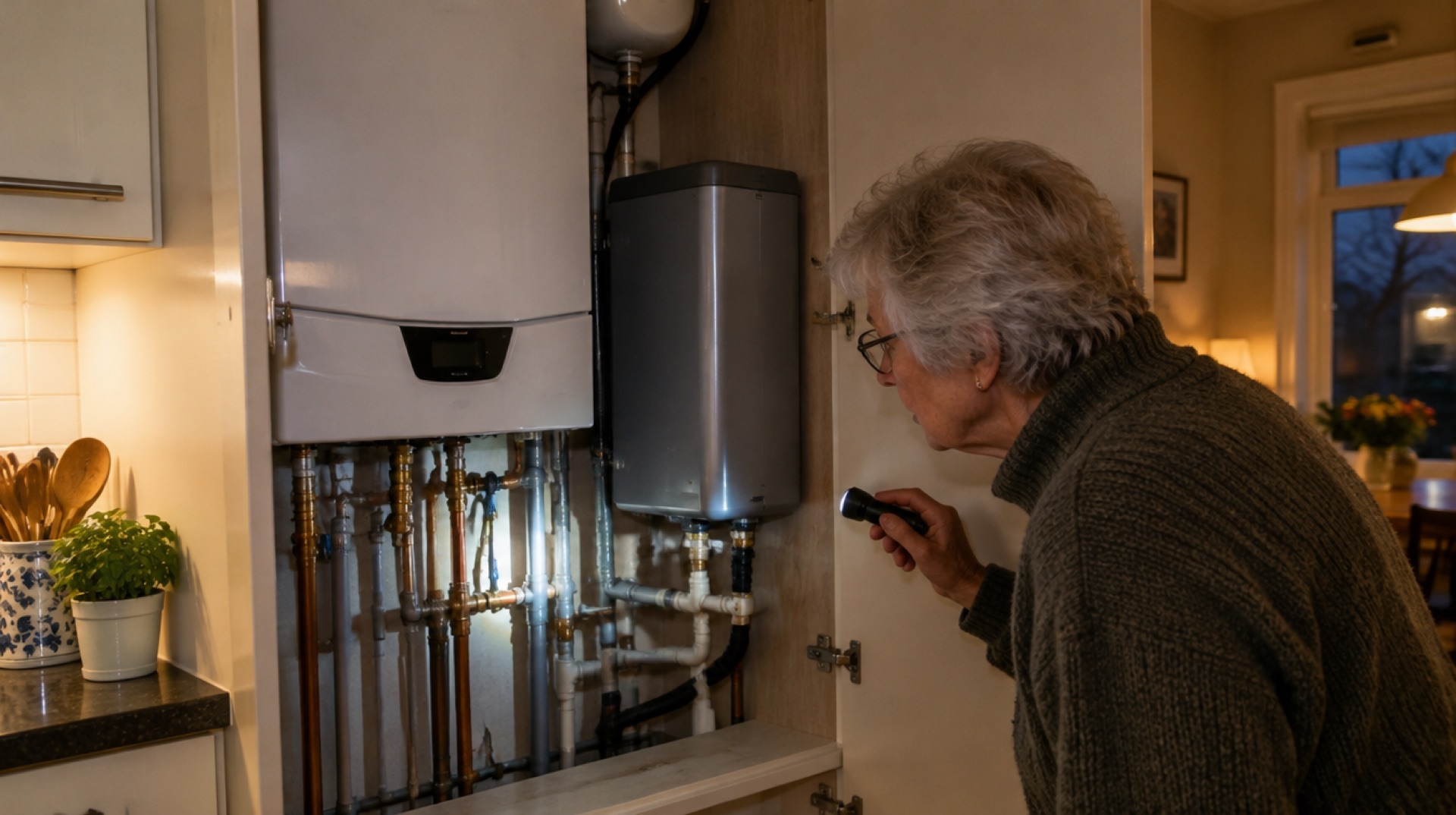 Oudere vrouw controleert met een zaklamp de leidingen van een cv-ketel in een keukenkast