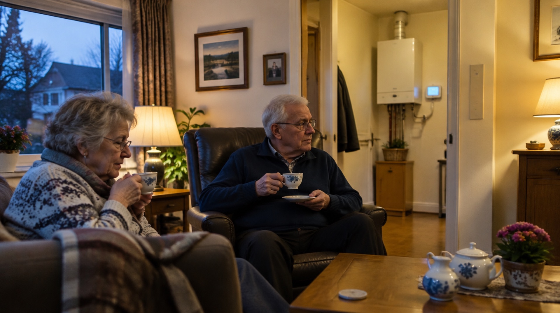 Ouder echtpaar drinkt thee in de woonkamer, wandketel in de gang erachter
