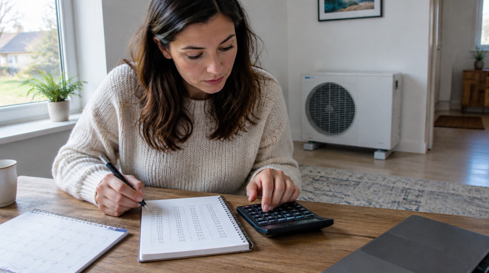 Vrouw schrijft cijfers in een notitieboek en gebruikt een rekenmachine aan een houten tafel, met een witte warmtepompunit in de kamer achter haar