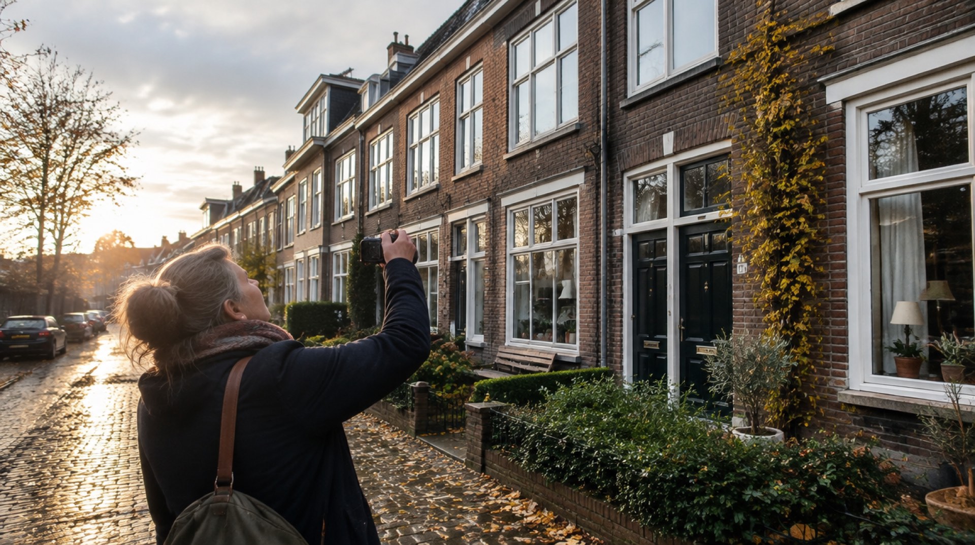 Vrouw fotografeert de gevel van een bakstenen rijtjeshuis in een herfstachtige straat