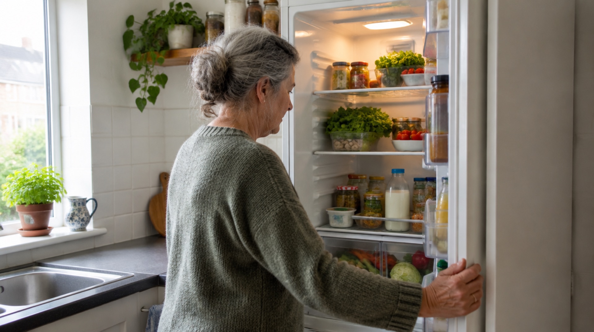 Oudere vrouw opent een volle koelkast in een kleine keuken