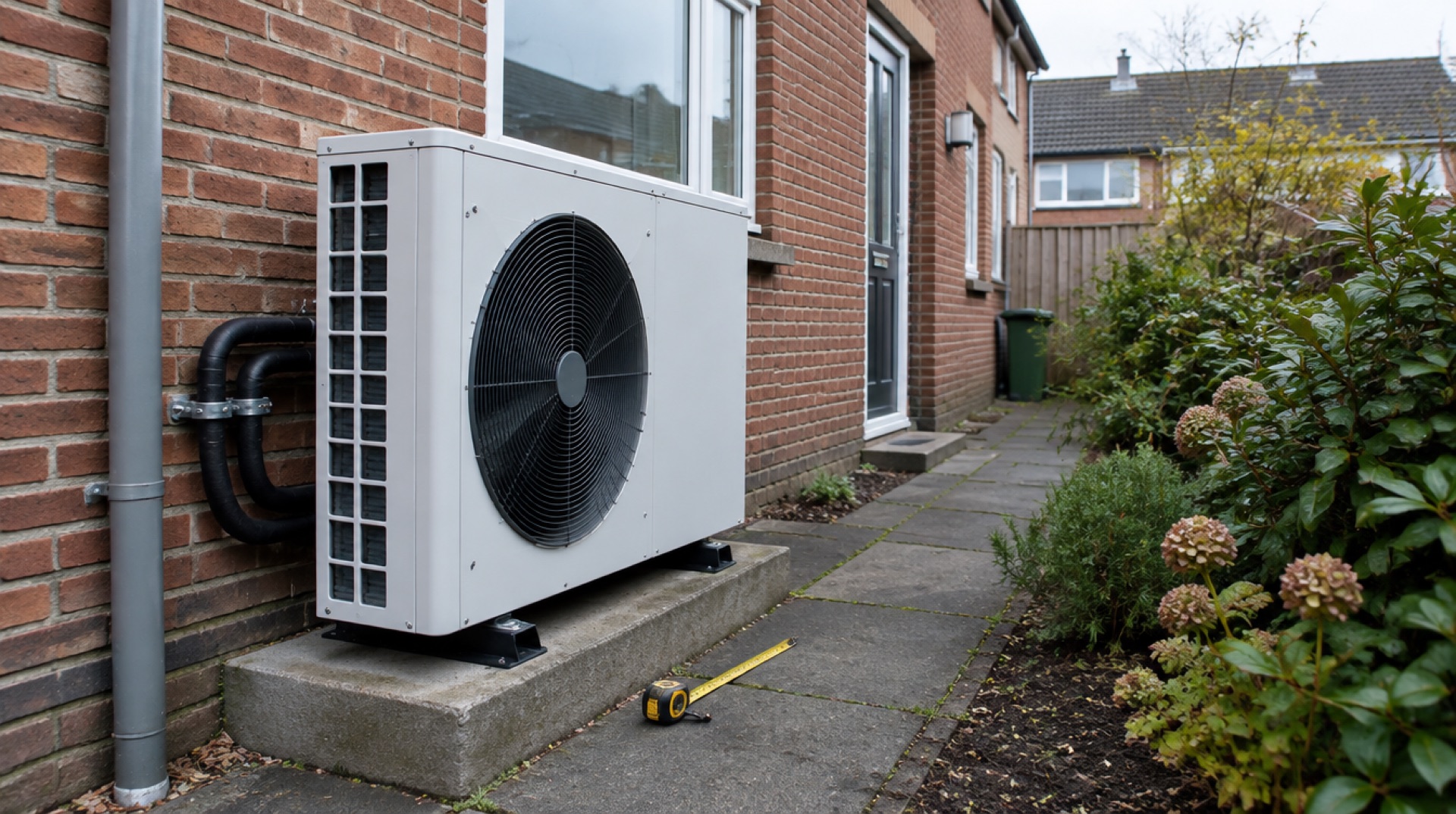 Witte buitenunit van een lucht-water warmtepomp op een betonnen sokkel tegen de bakstenen zijmuur van een woning, met een rolmaat op het tegelpad ernaast