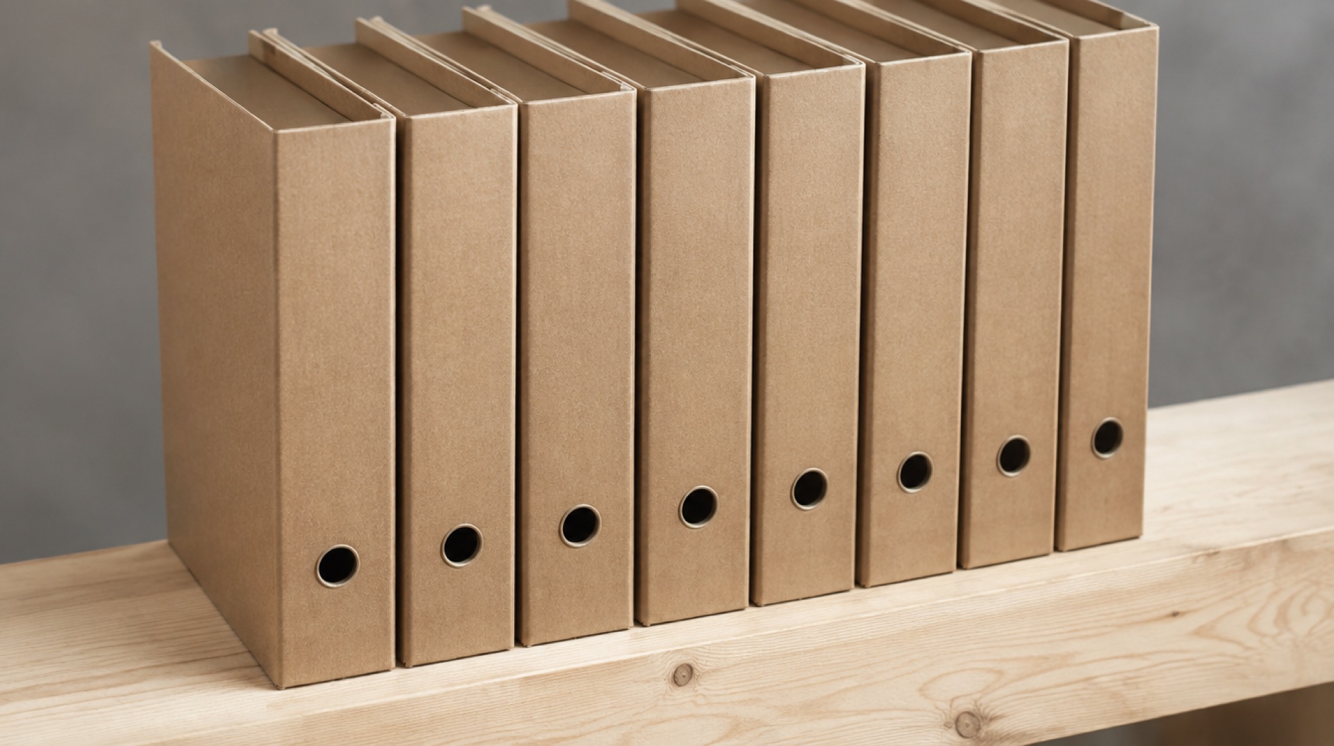 Acht identieke bruine kartonnen ordners met effen rug staan naast elkaar op een lichte houten plank, in zacht daglicht