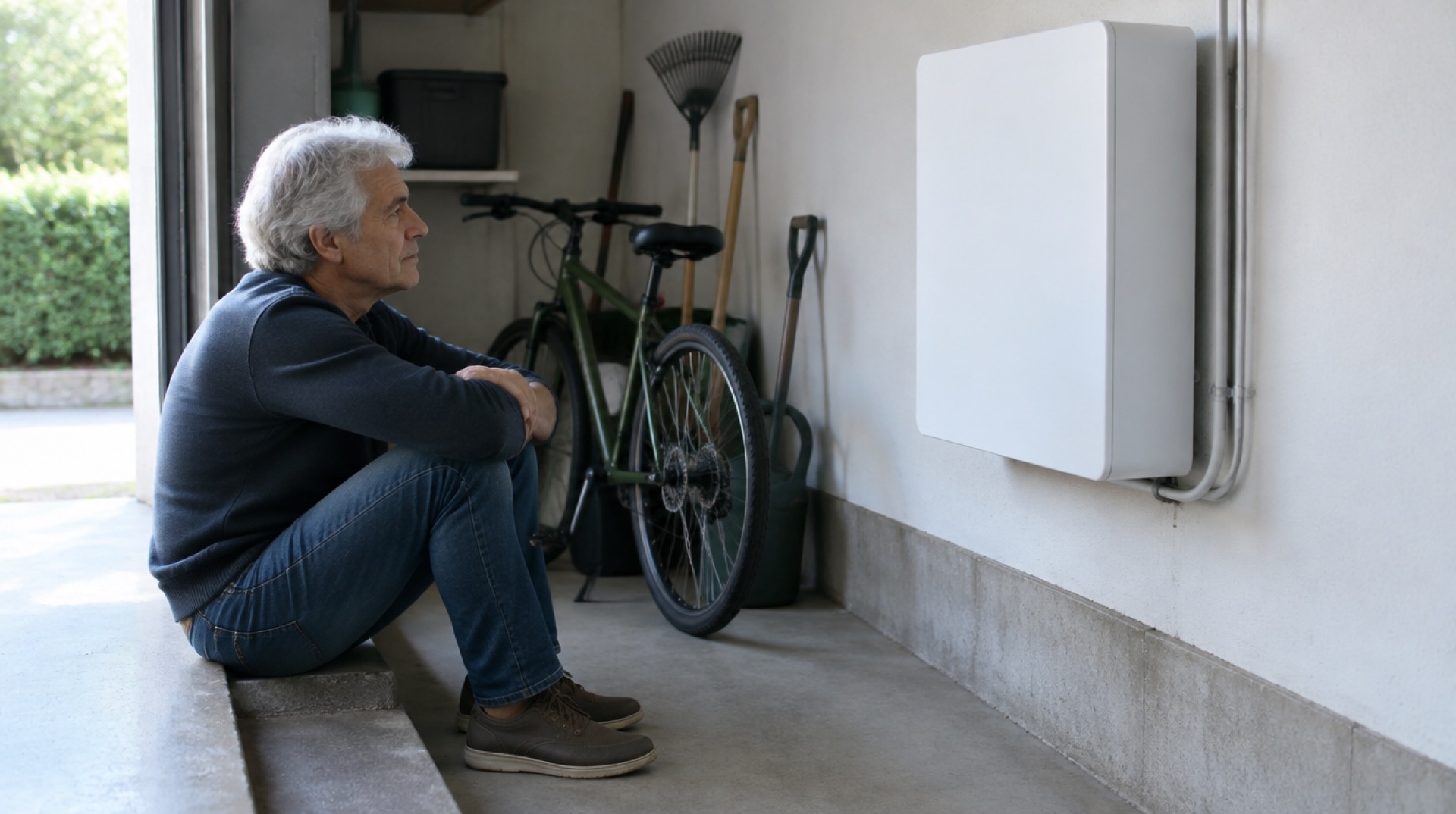 Oudere man zit op een opstapje in de garage en kijkt naar een witte batterij aan de muur