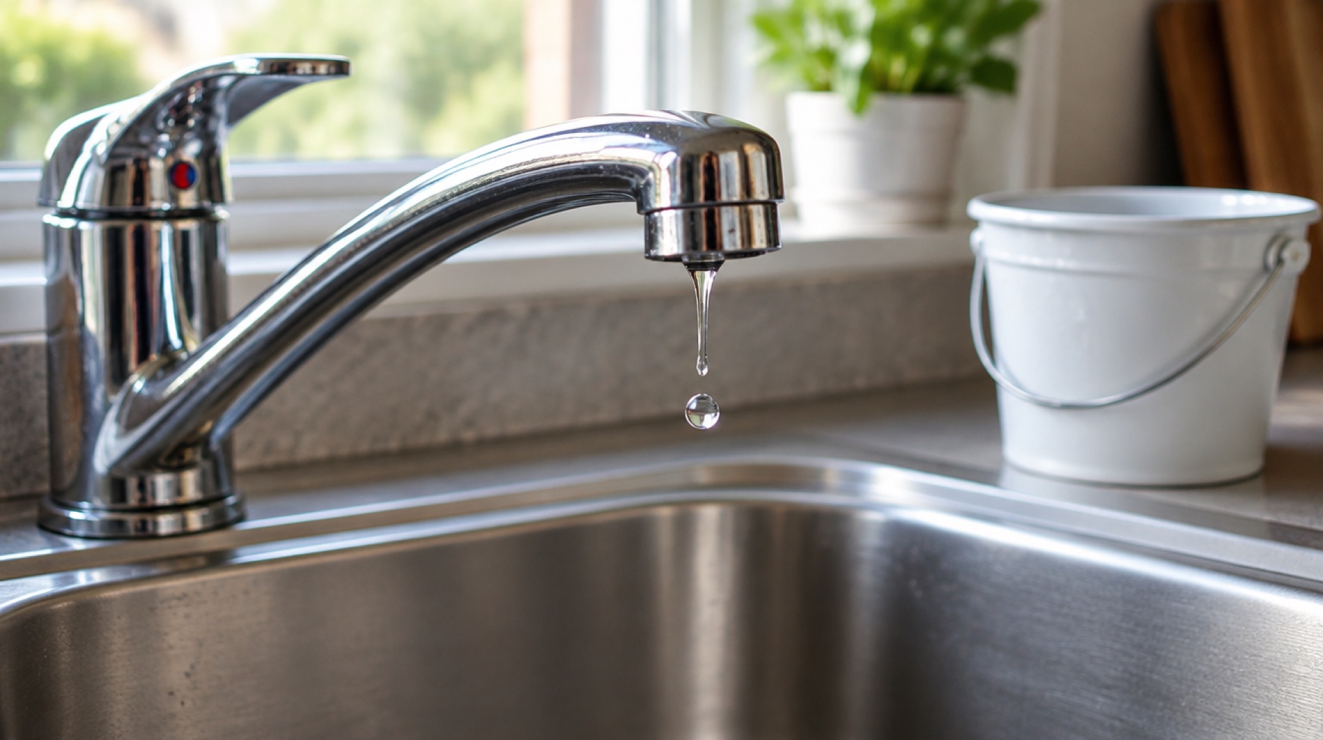 Druppelende waterkraan boven een roestvrijstalen spoelbak waar net een druppel valt, met een witte emmer ernaast