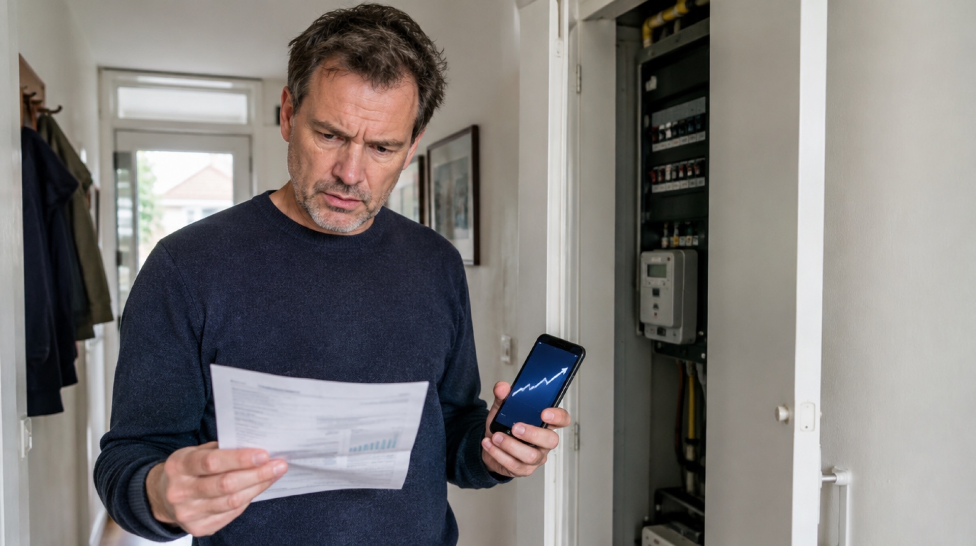Man in een gang kijkt bezorgd naar een energienota en een telefoon met een stijgende lijn, naast een open meterkast