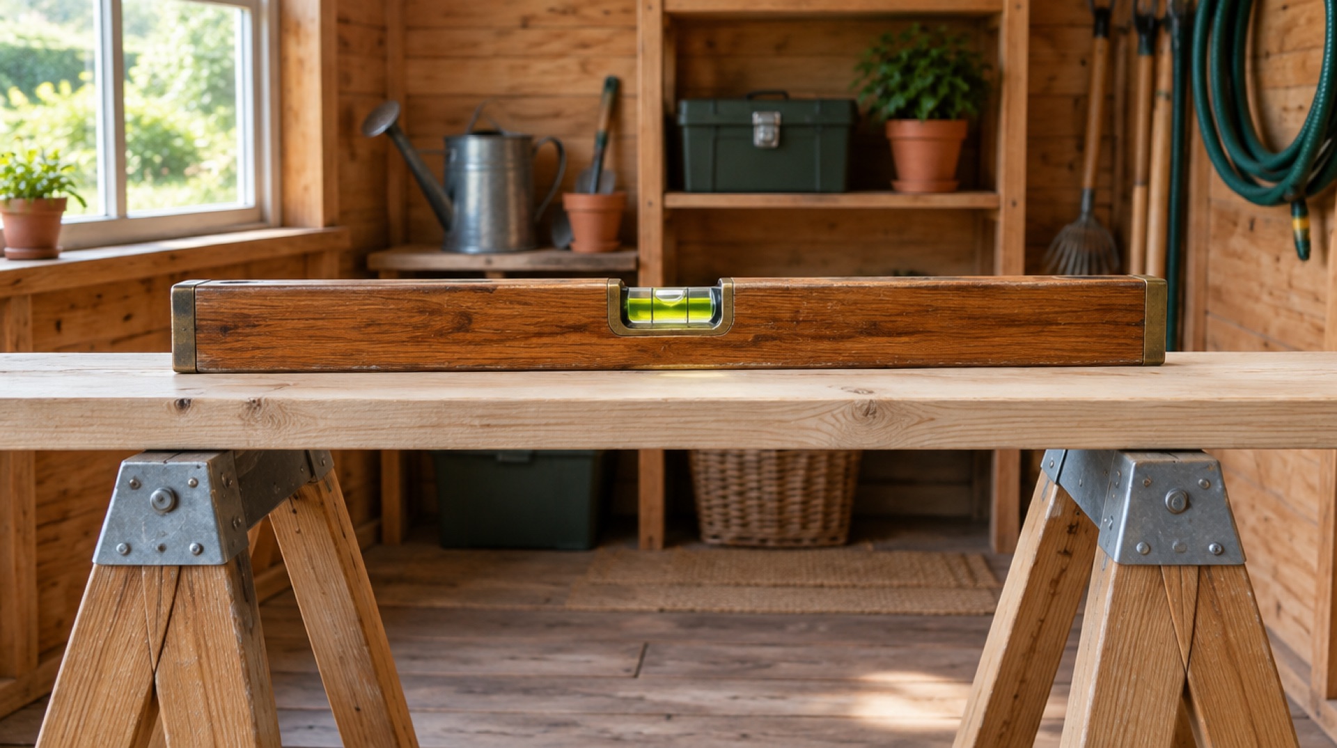 Houten waterpas met luchtbel in het midden op een plank in een schuur