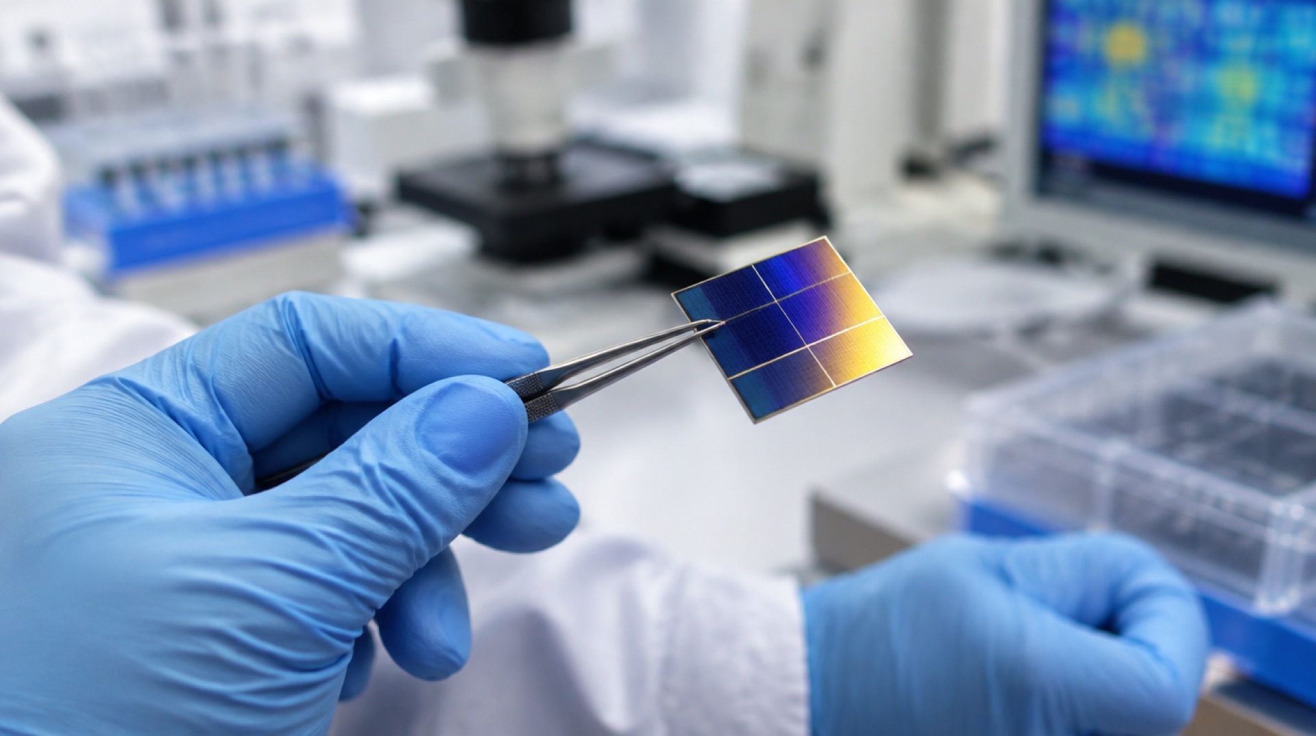 Wetenschapper houdt met een pincet een kleine glanzende tandemzonnecel vast in een lab