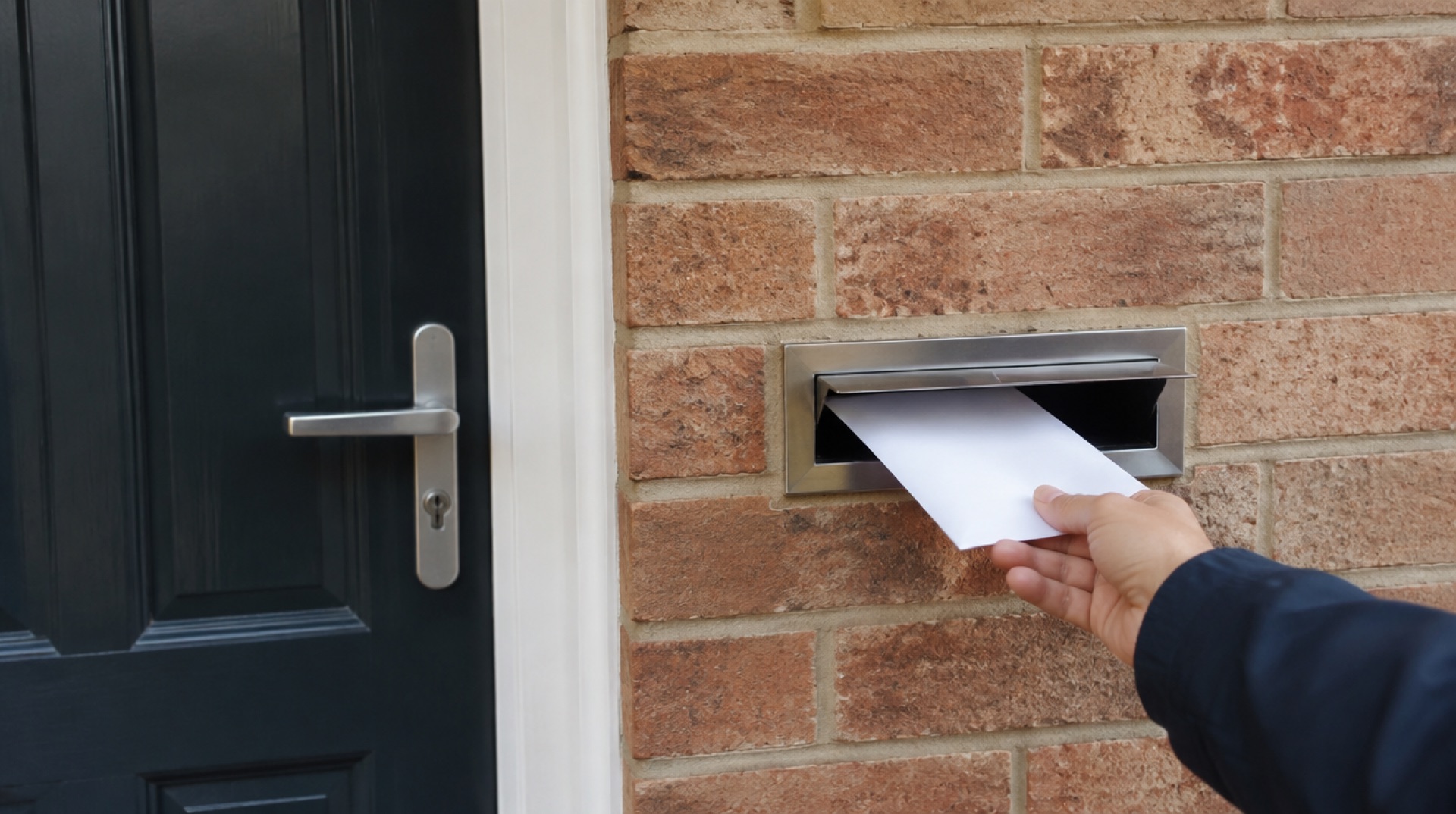 Een hand laat een witte envelop door de brievenbus van een bakstenen gevel naast een donkere voordeur vallen