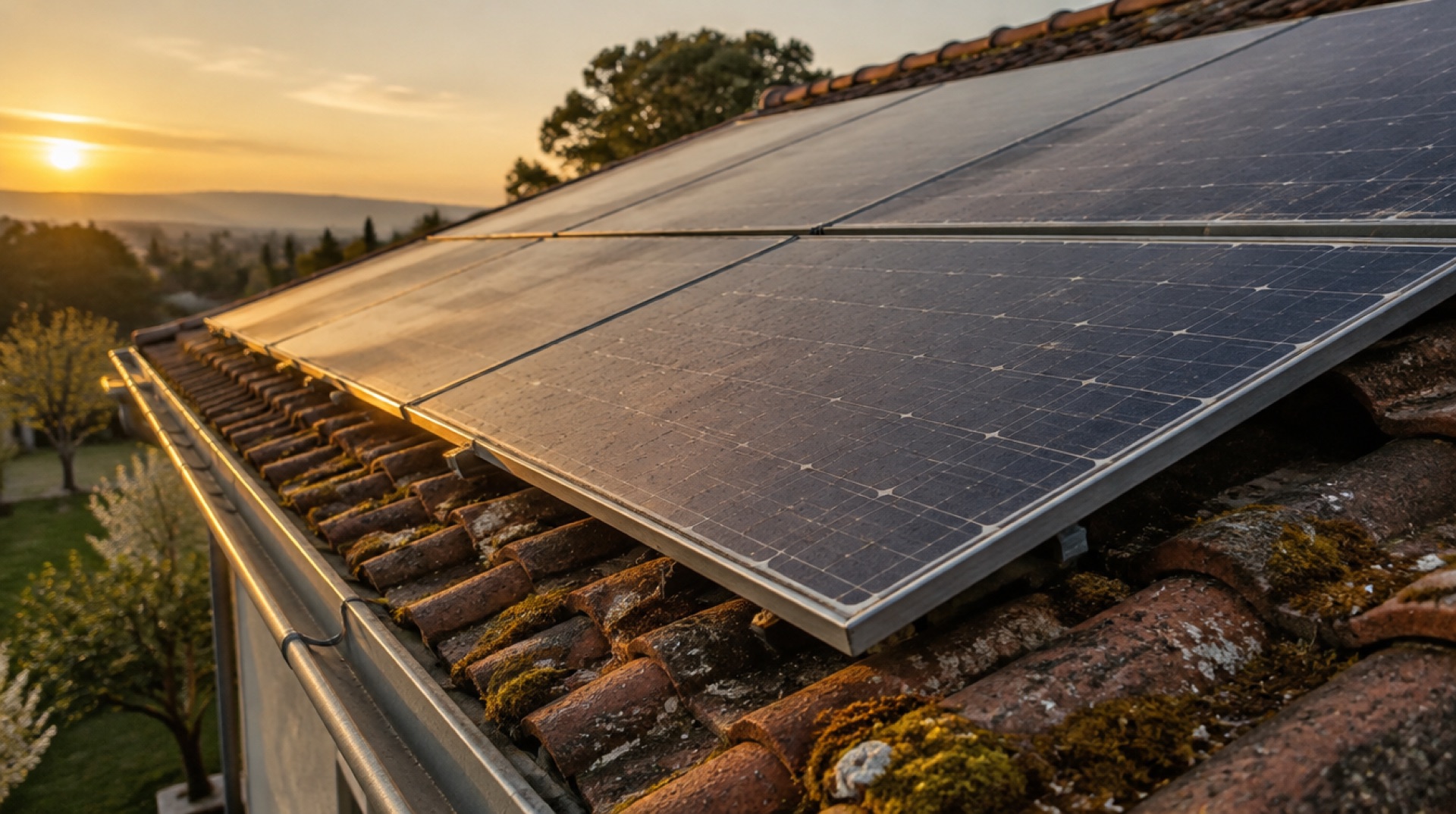 Oudere zonnepanelen met een lichte stoflaag op een pannendak met mos, gezien vanaf de dakgoot bij lage avondzon