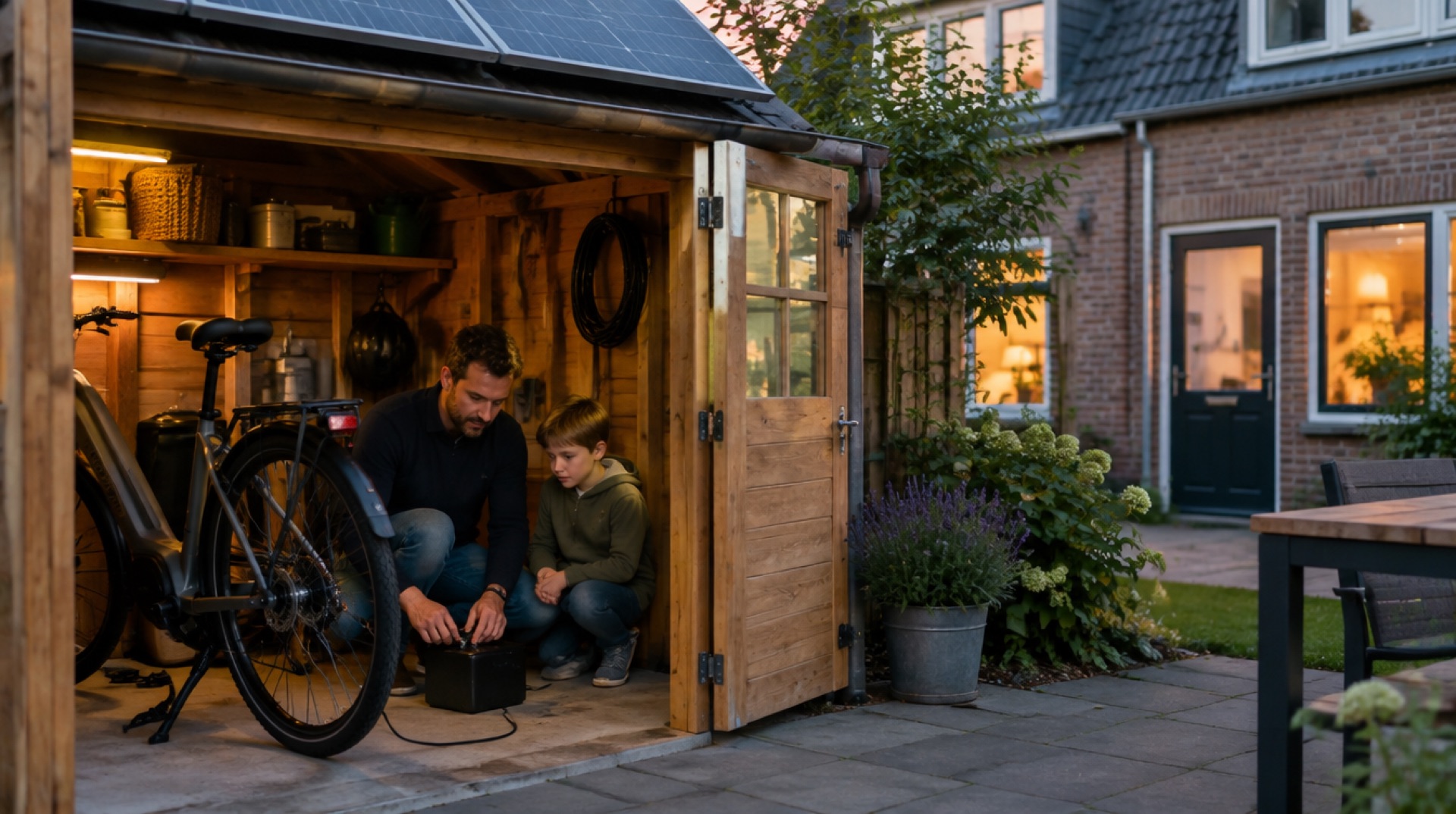 Een vader en zijn zoon laden de accu van een e-bike op in een houten tuinschuurtje met zonnepanelen op het dak.