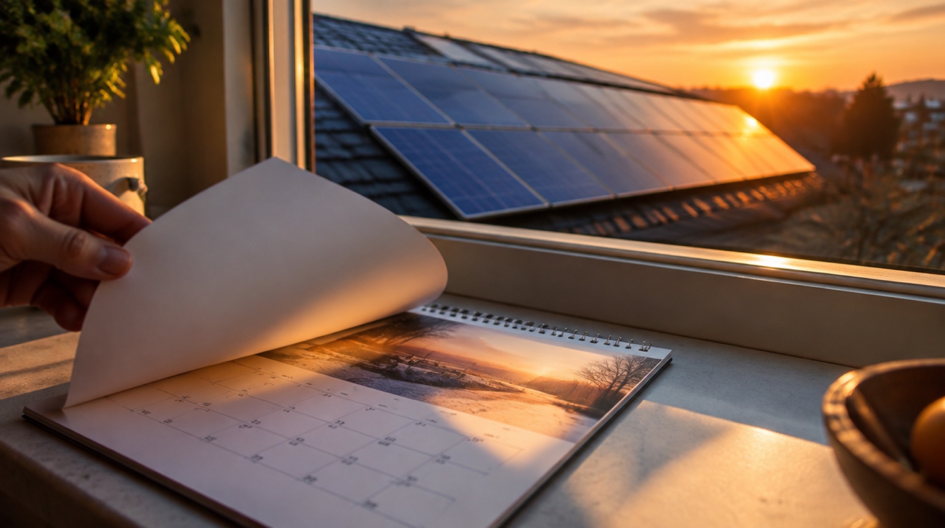 Hand slaat een kalenderblad om op een vensterbank, met een dak vol zonnepanelen bij zonsondergang op de achtergrond