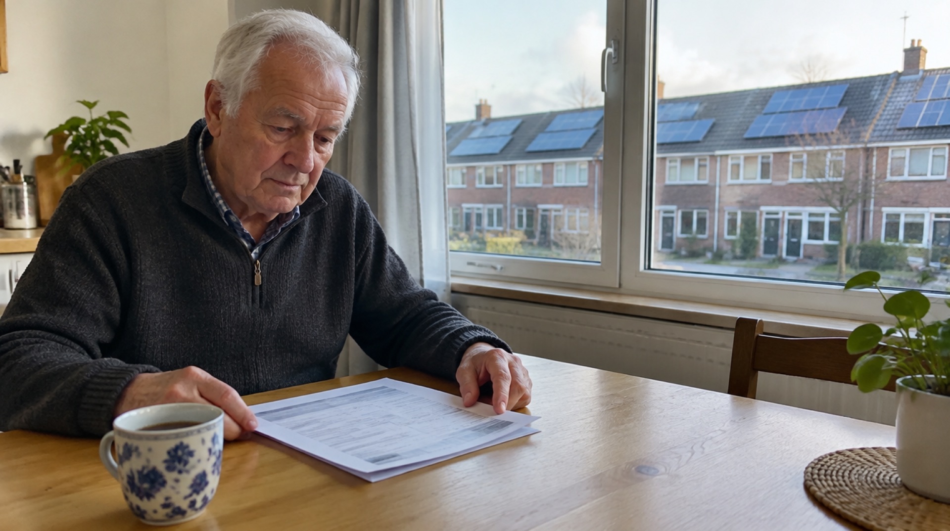 Een oudere man zit aan de keukentafel met een papieren afrekening en een kop koffie, terwijl buiten rijtjeswoningen met zonnepanelen te zien zijn.
