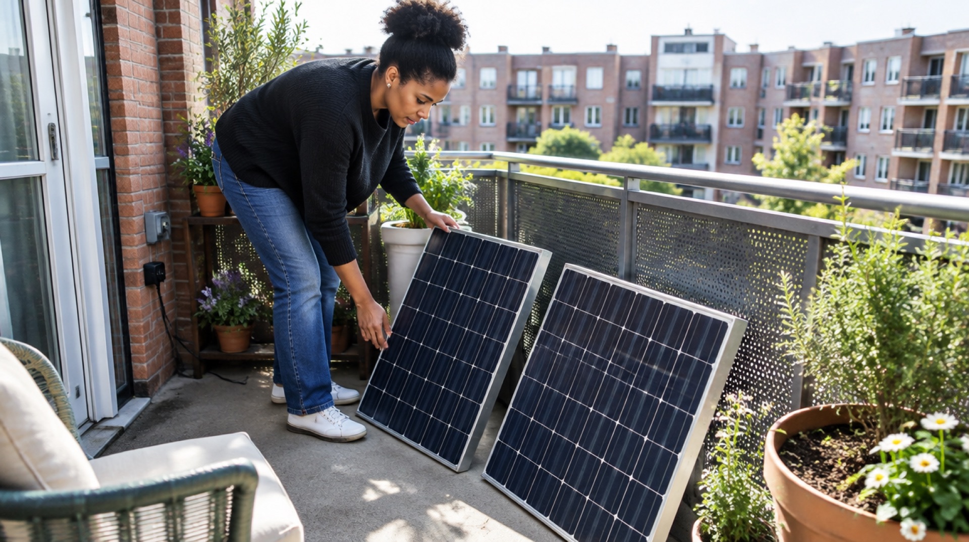 Vrouw plaatst twee losse zonnepanelen op een balkon bij een buitenstopcontact