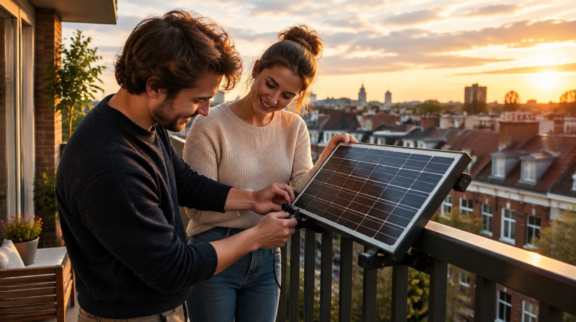 Stel bevestigt een klein zonnepaneel aan de balustrade van een balkon, met stadsdaken en een avondlucht op de achtergrond