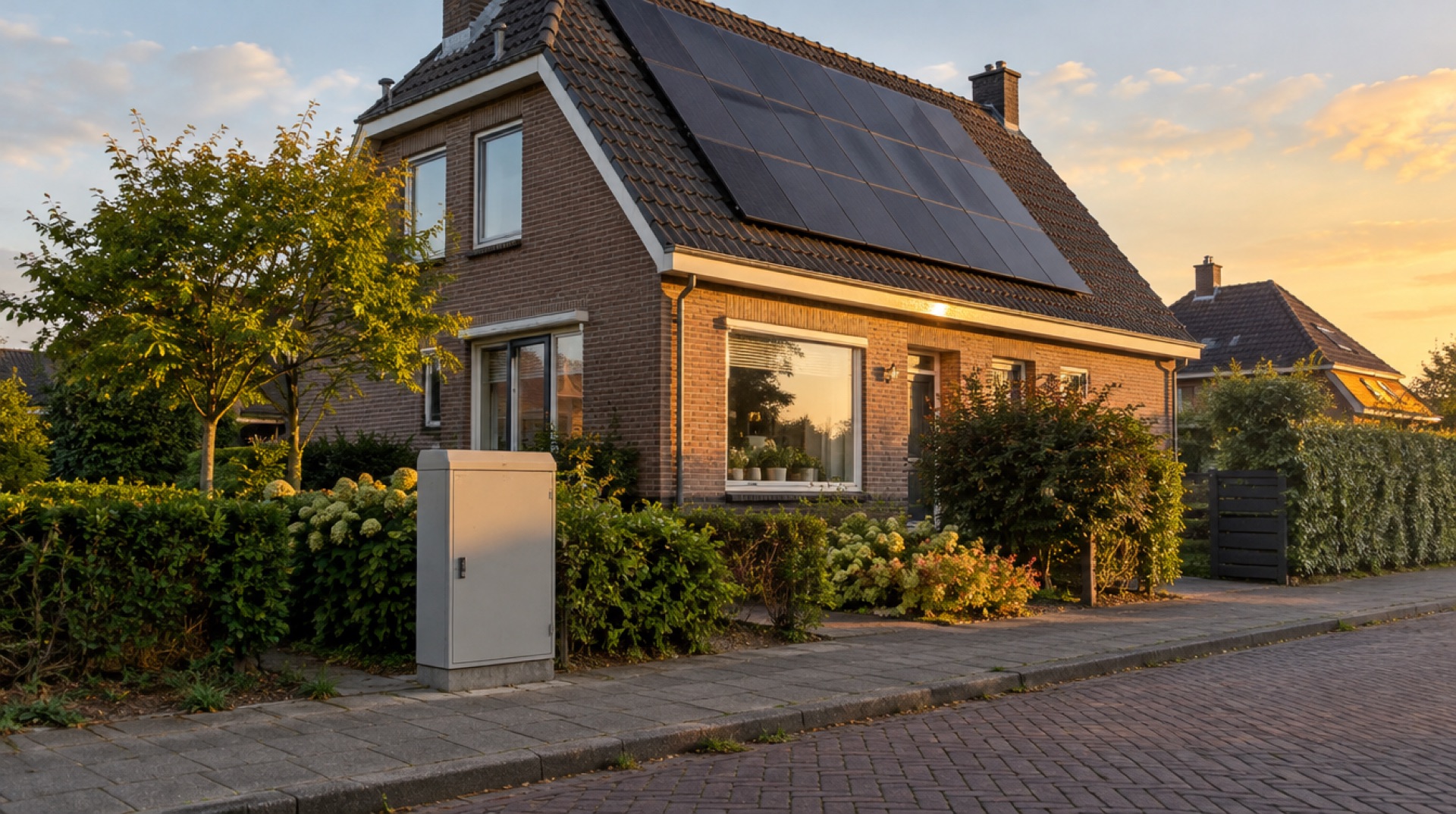 Huis met zonnepanelen en een grijze straatkast aan de stoeprand