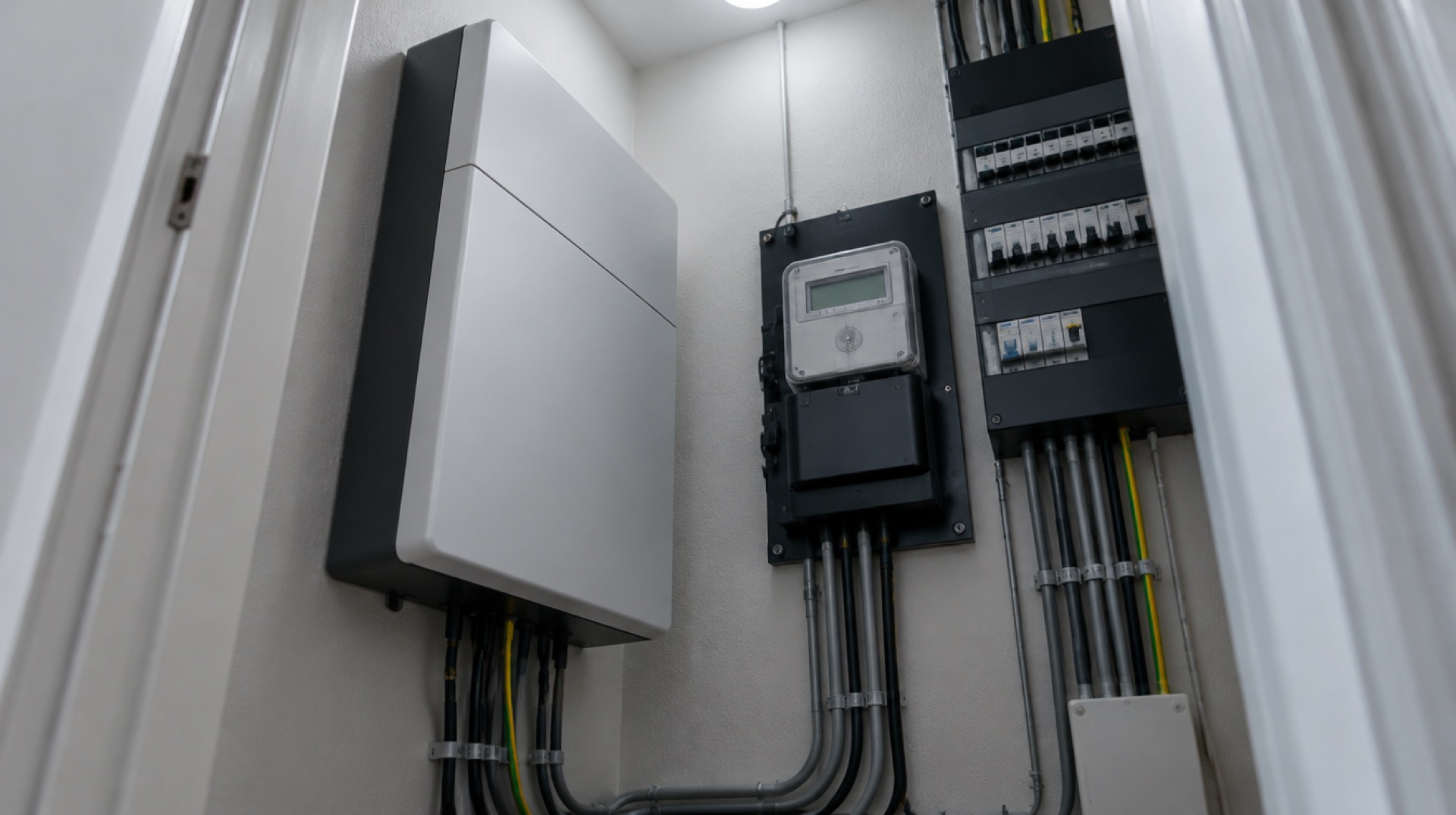 Compacte thuisbatterij in een meterkast naast meter en groepenkast