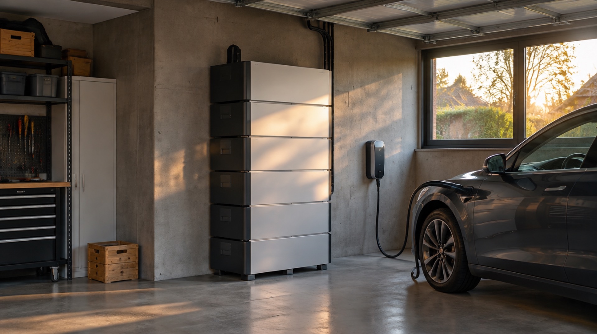 Gestapelde batterijmodules in een ruime garage naast een elektrische auto bij de laadpaal