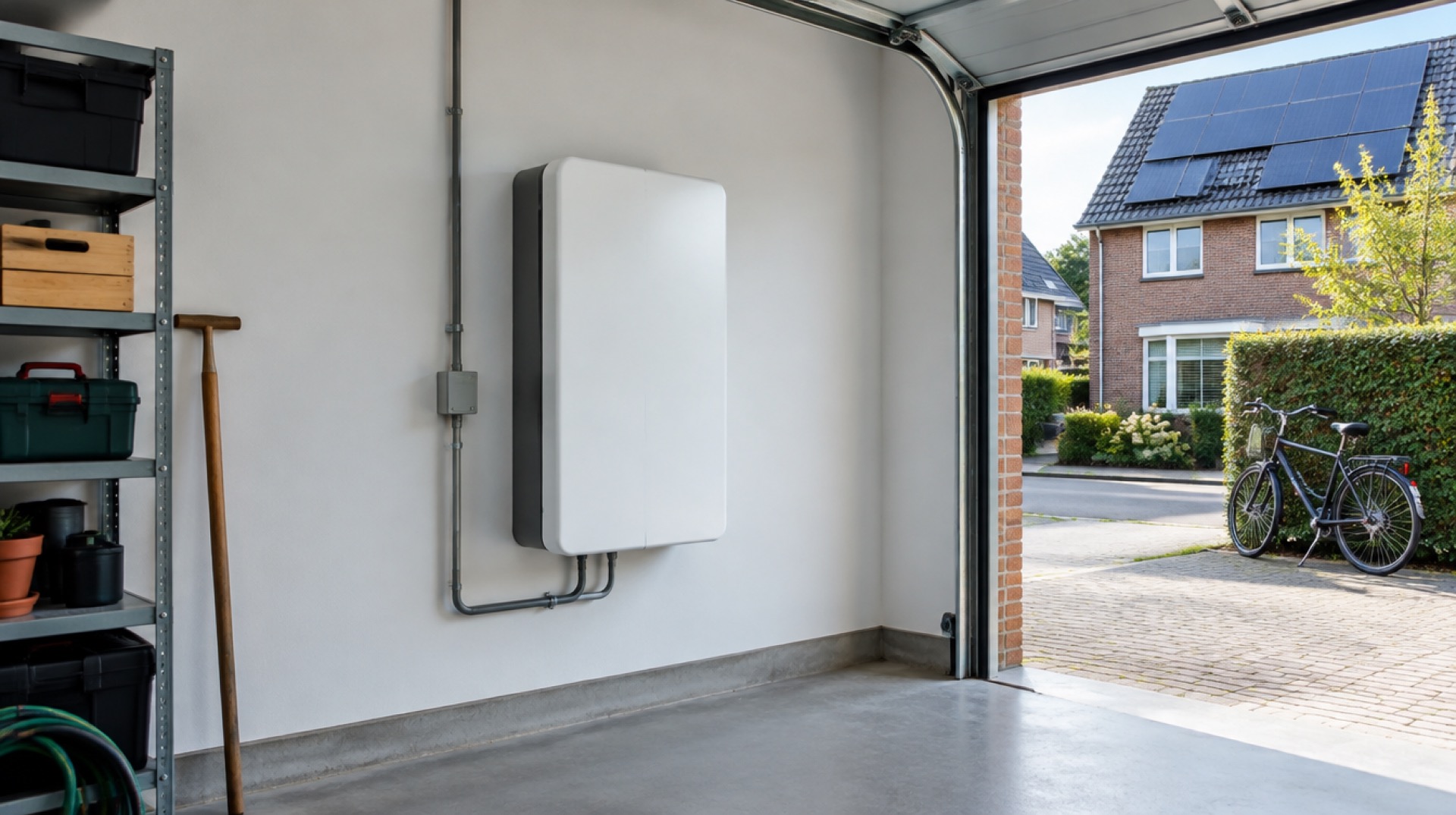Witte thuisbatterij aan de muur van een nette garage met zonnepanelenhuis buiten