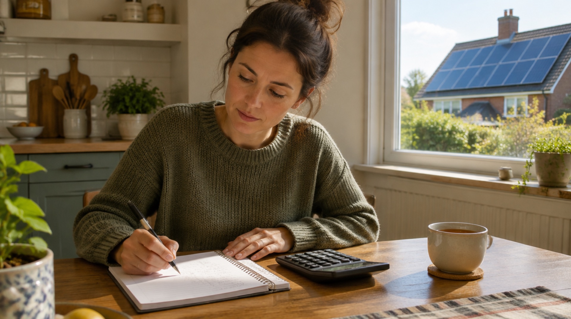 Vrouw rekent aan de keukentafel met notitieboek en rekenmachine, buiten een dak met zonnepanelen