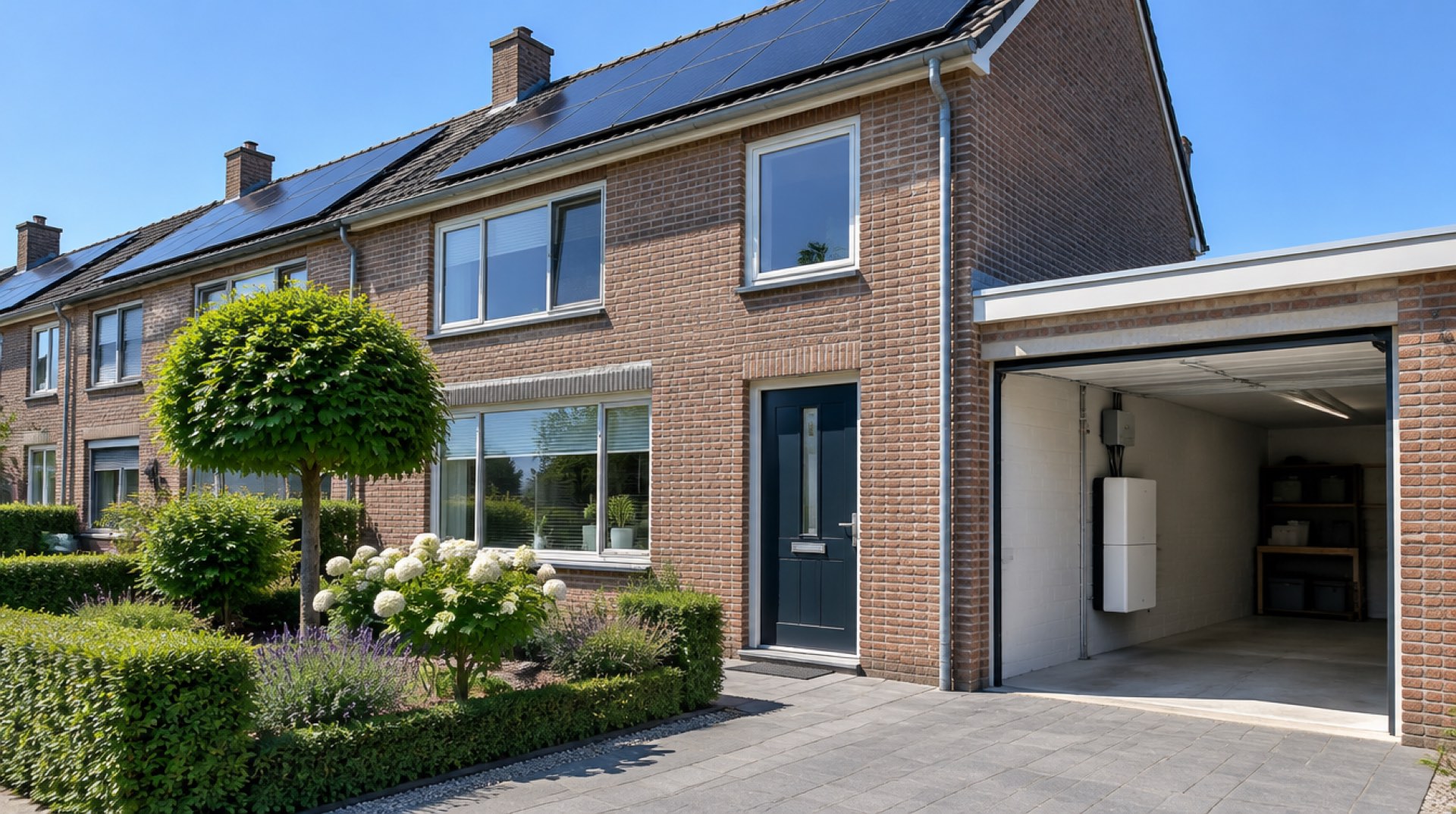 Huis met zonnepanelen op het dak en thuisbatterij zichtbaar in open garage