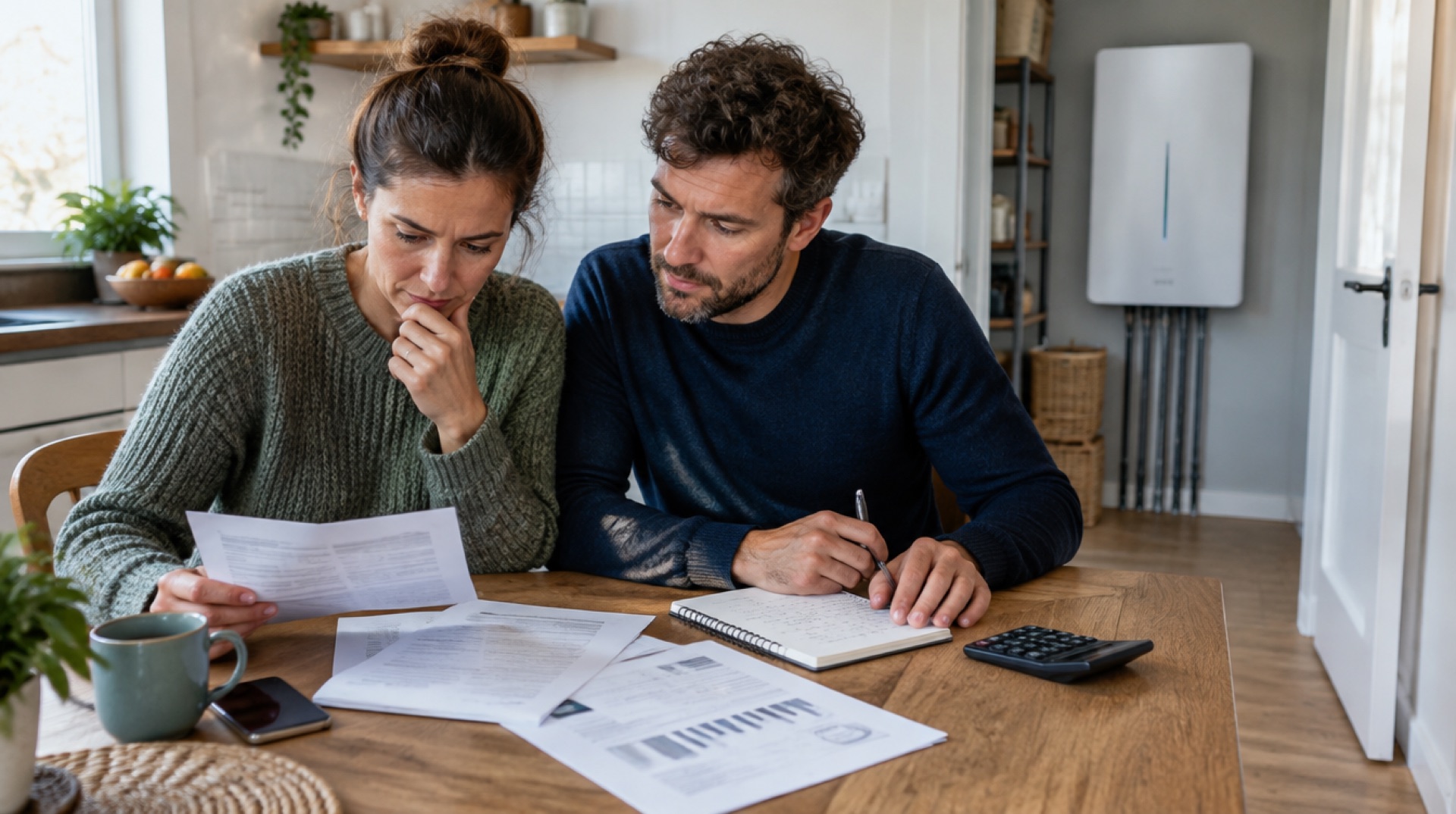 Stel aan de keukentafel bekijkt energierekeningen en rekent met een notitieblok en rekenmachine, met een witte thuisbatterij aan de muur op de achtergrond