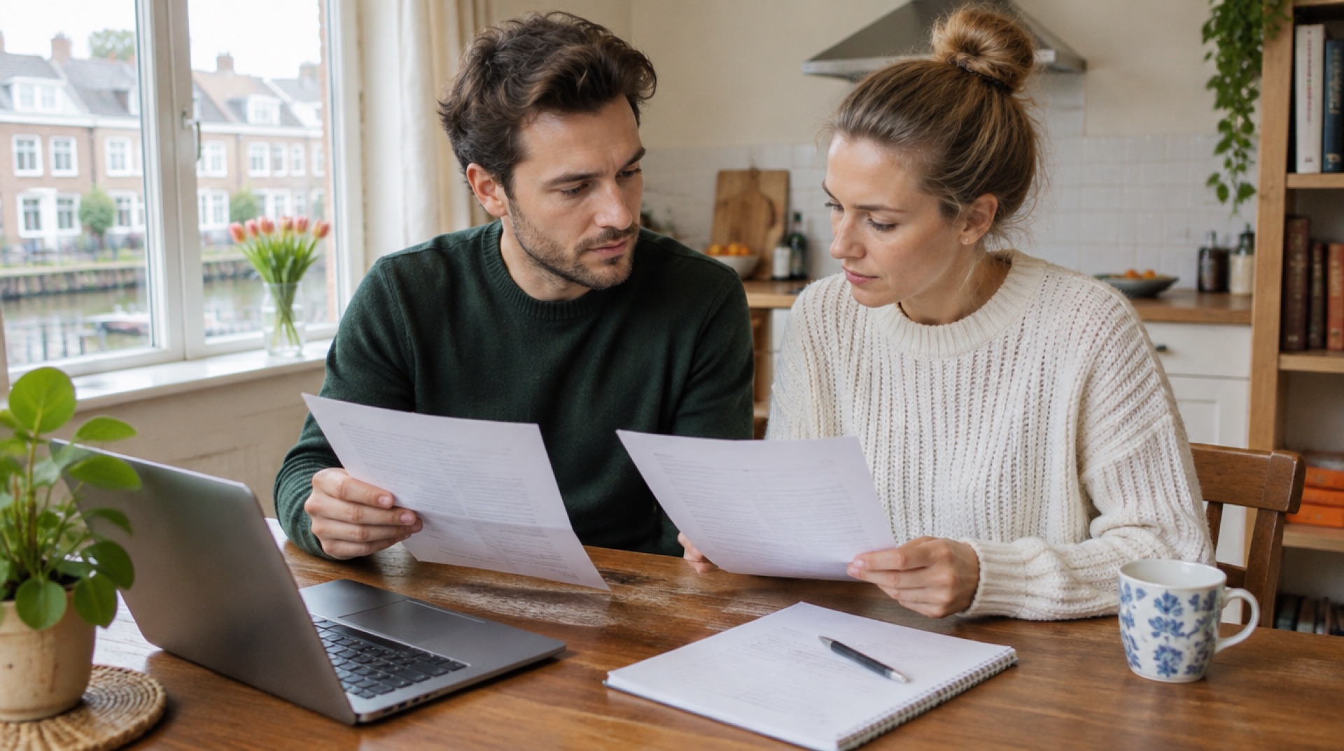 Man en vrouw aan een houten keukentafel bekijken elk een papieren offerte, met een laptop en een notitieboek ervoor