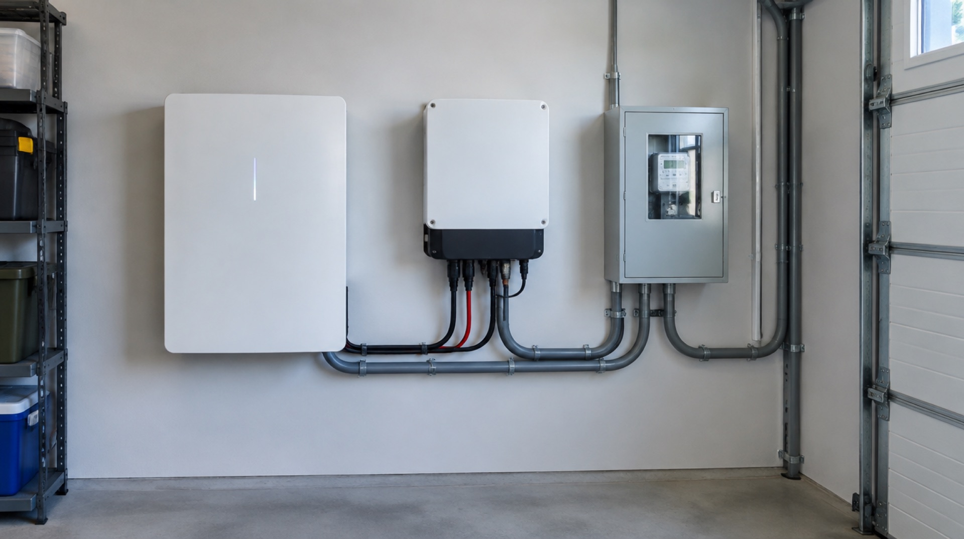 Witte thuisbatterij, omvormer en meterkast naast elkaar aan de muur van een garage, verbonden met leidingen en kabels
