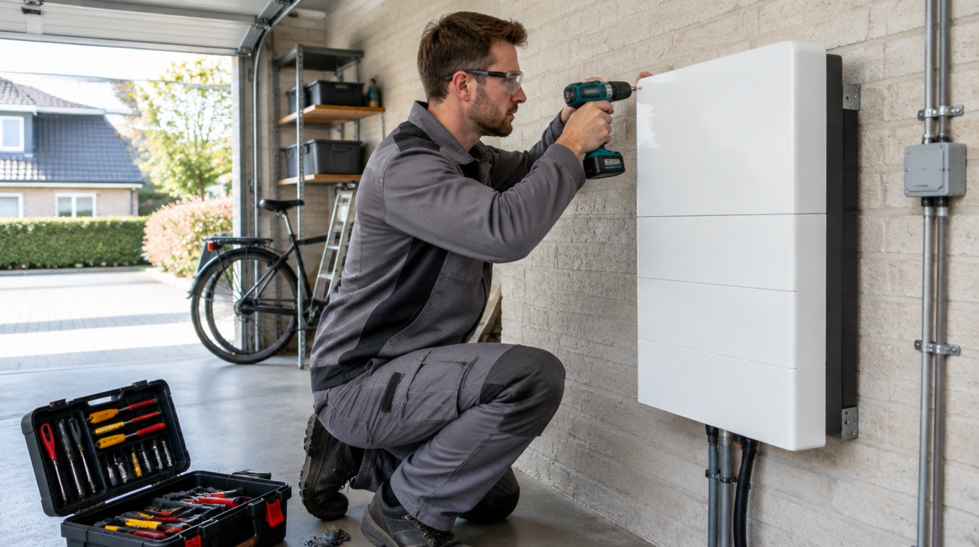 Installateur monteert met boormachine een batterij-unit aan de garagemuur