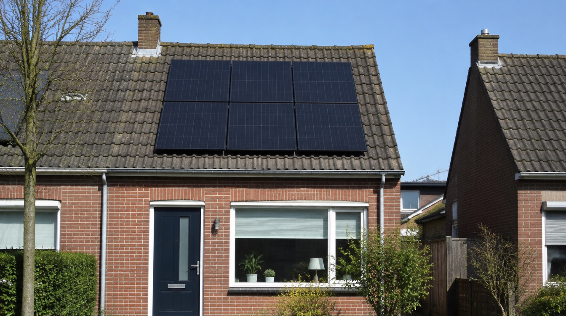 Rijtjeshuis van baksteen met zes zwarte zonnepanelen op het pannendak, gezien vanaf de straat bij helder weer