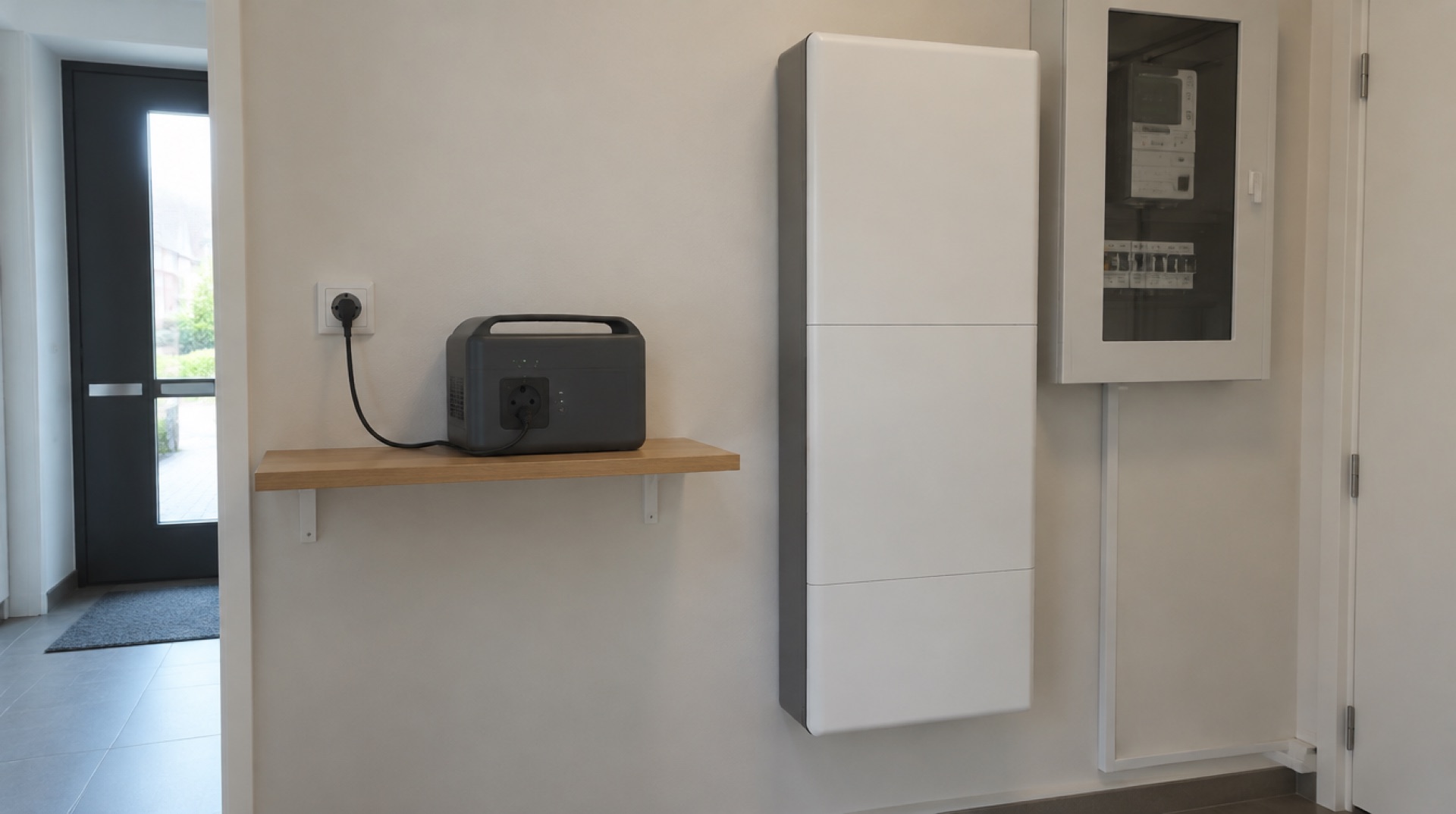 Links een kleine draagbare batterij op een plank met een stekker in het stopcontact, rechts een hoge witte thuisbatterij aan de muur naast een meterkast met slimme meter
