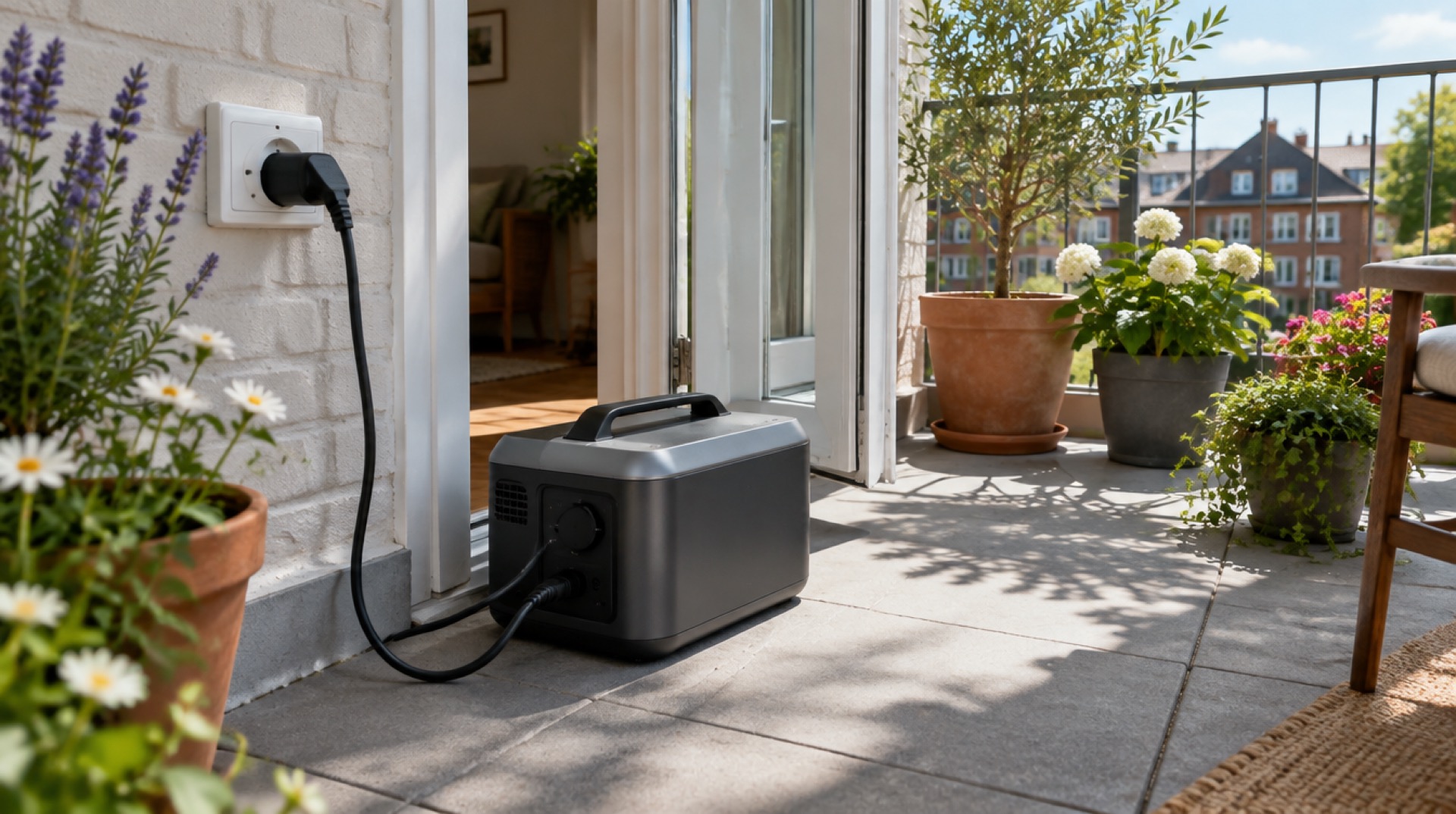 Kleine verplaatsbare batterij met stekker in stopcontact op zonnig balkon