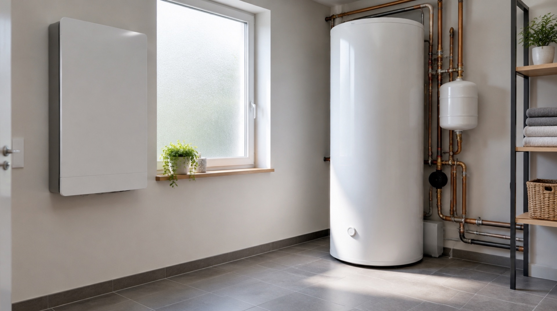 Lichte bijkeuken met links een witte wandunit tegen de muur en rechts een hoge witte boilervat met koperen leidingen, bij ochtendlicht door een matglazen raam