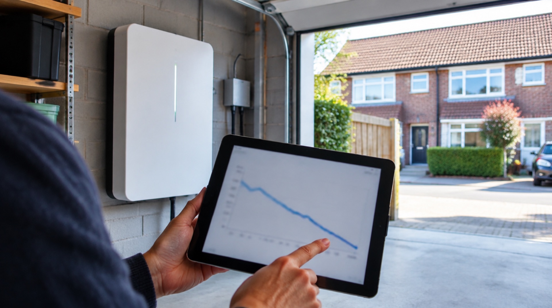 Hand wijst op een tablet met een dalende lijngrafiek in een garage, naast een witte thuisbatterij aan de muur en een open garagedeur met uitzicht op een rijtjeshuis