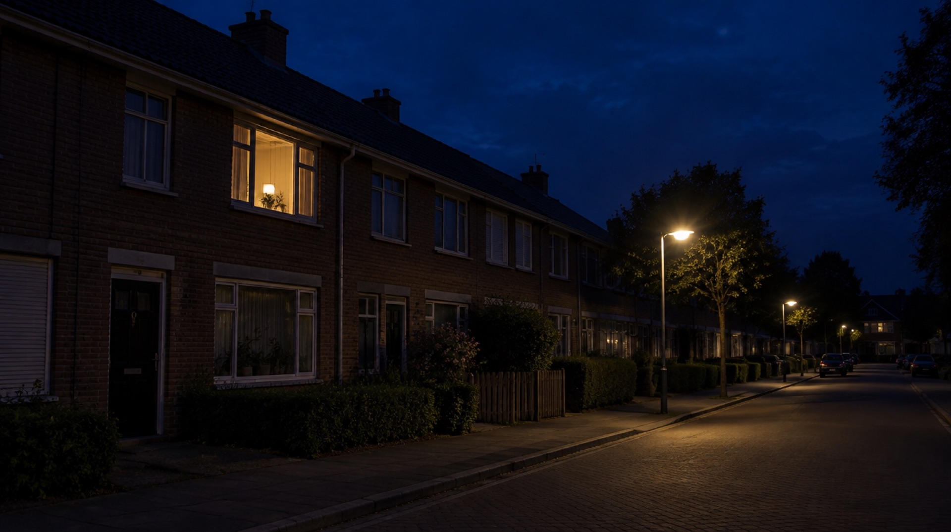 Rij rijtjeshuizen 's nachts met één verlicht raam en een brandende straatlantaarn