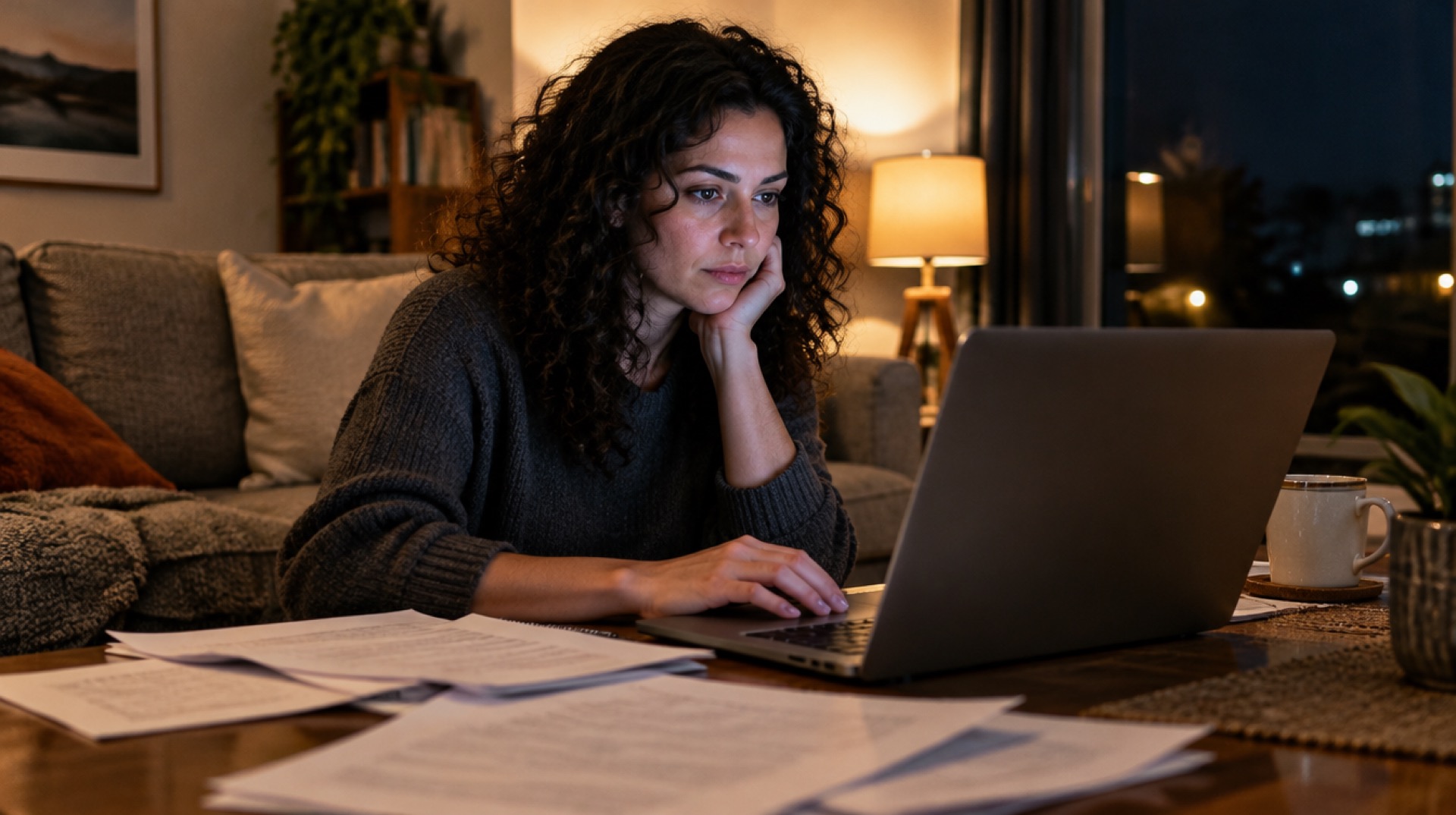 Vrouw achter laptop met papieren op de salontafel op een avond