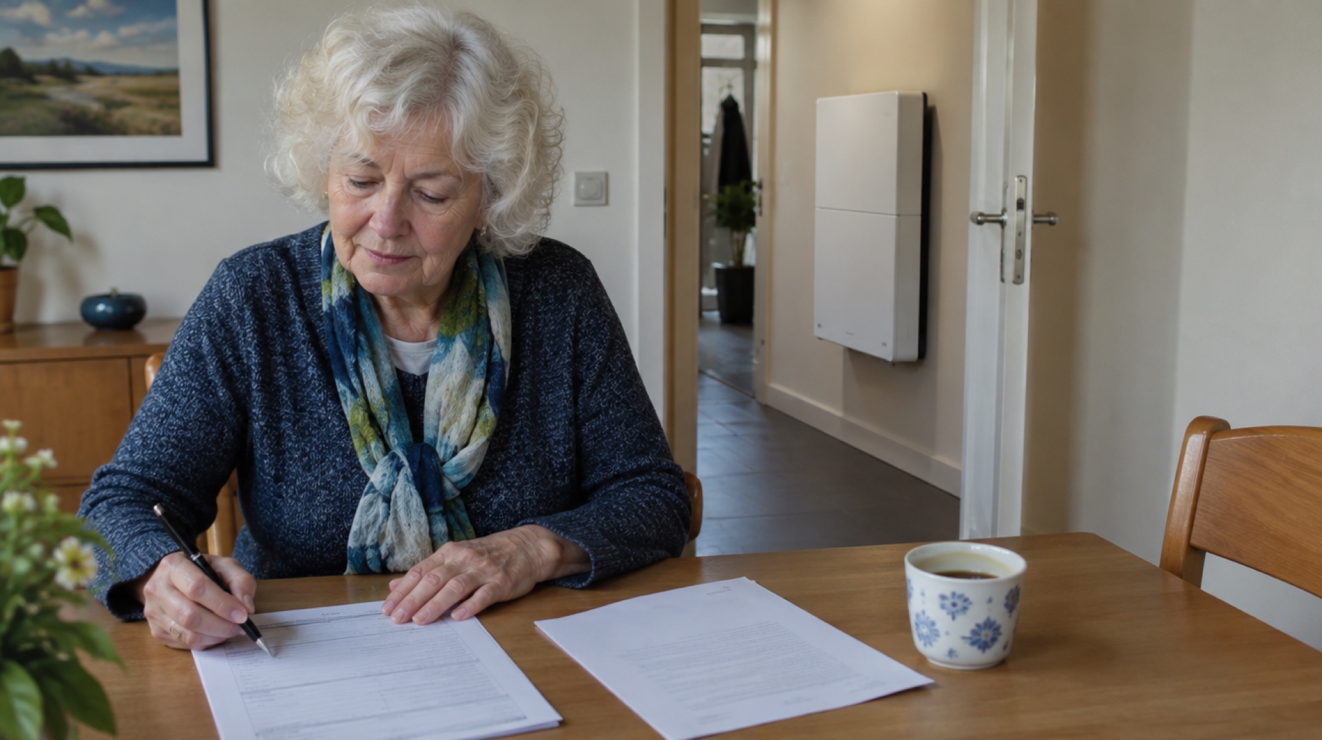 Vrouw met een aanvraagformulier en een brief, met een thuisbatterij op de achtergrond