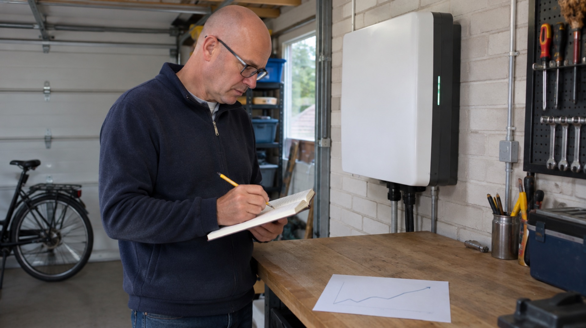 Man rekent in de garage in een schrift, voor een thuisbatterij