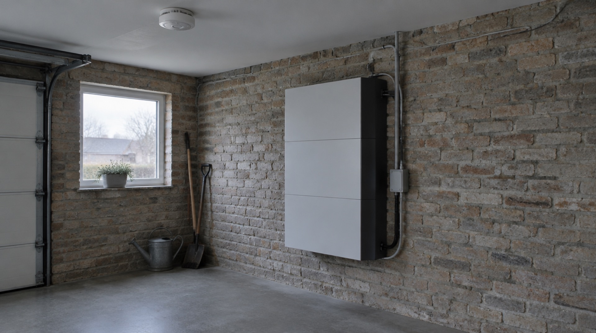 Batterij op stenen garagemuur met rookmelder aan het plafond