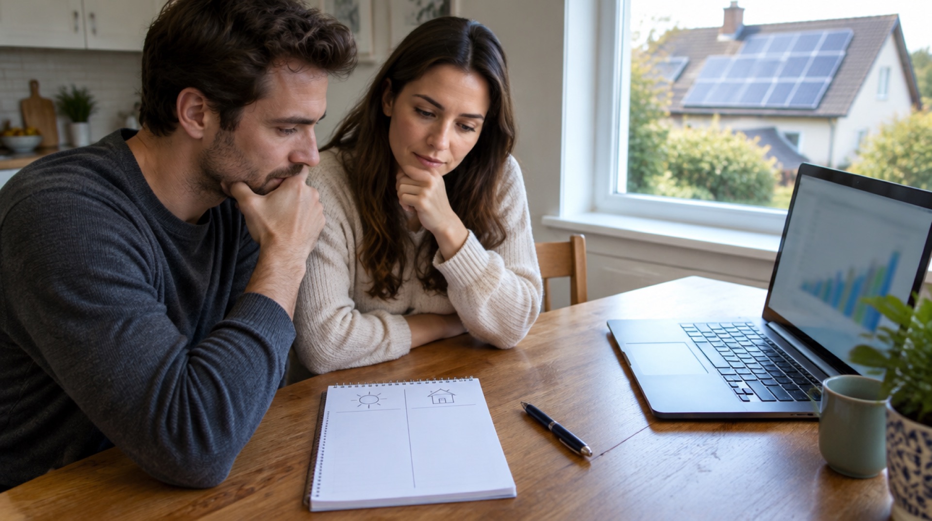Man en vrouw denken peinzend na aan een houten keukentafel, met een notitieboek met twee kolommen, een laptop en door het raam een dak met zonnepanelen