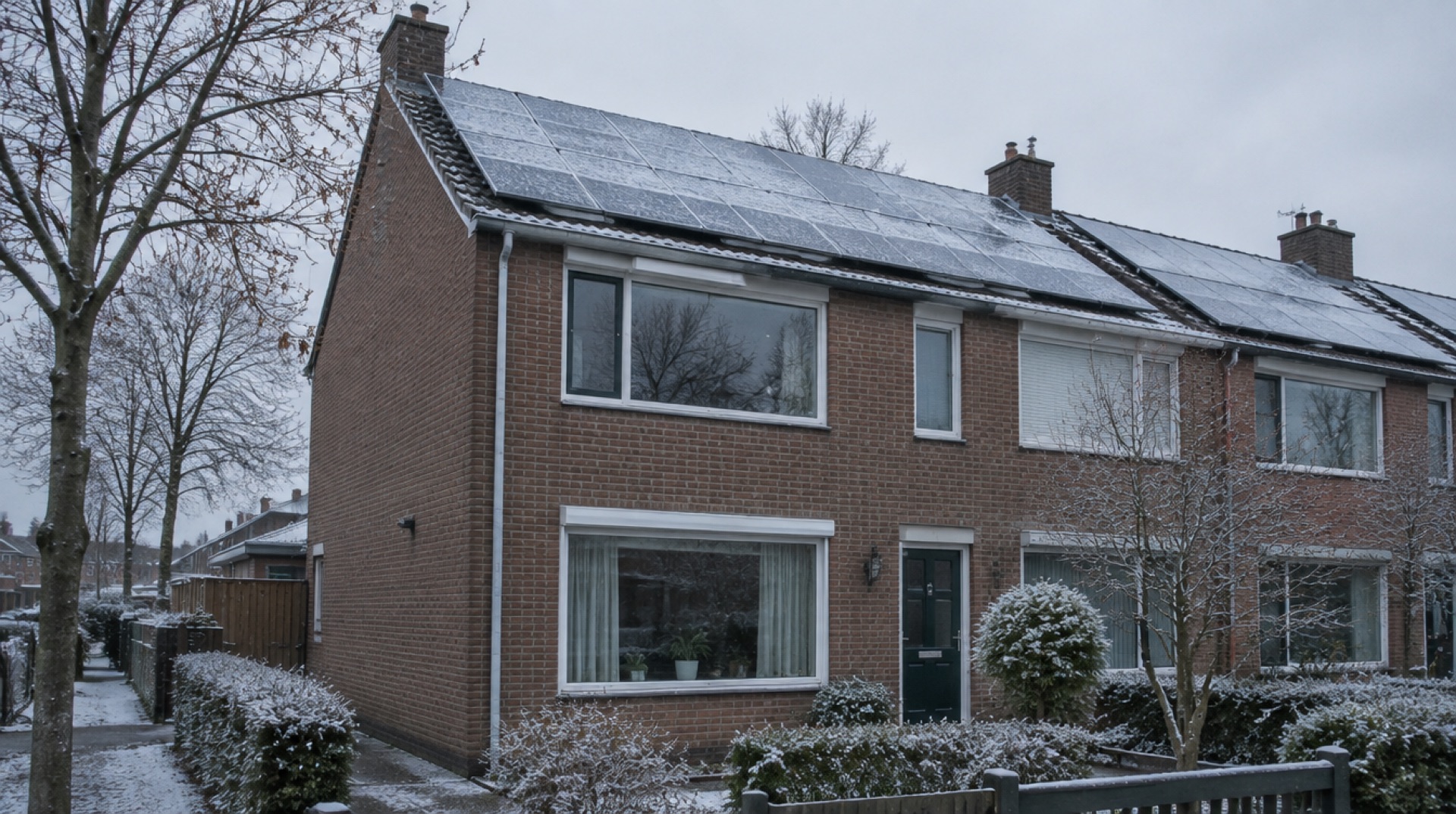 Rijtjeshuis in de winter met een dun laagje sneeuw op de zonnepanelen