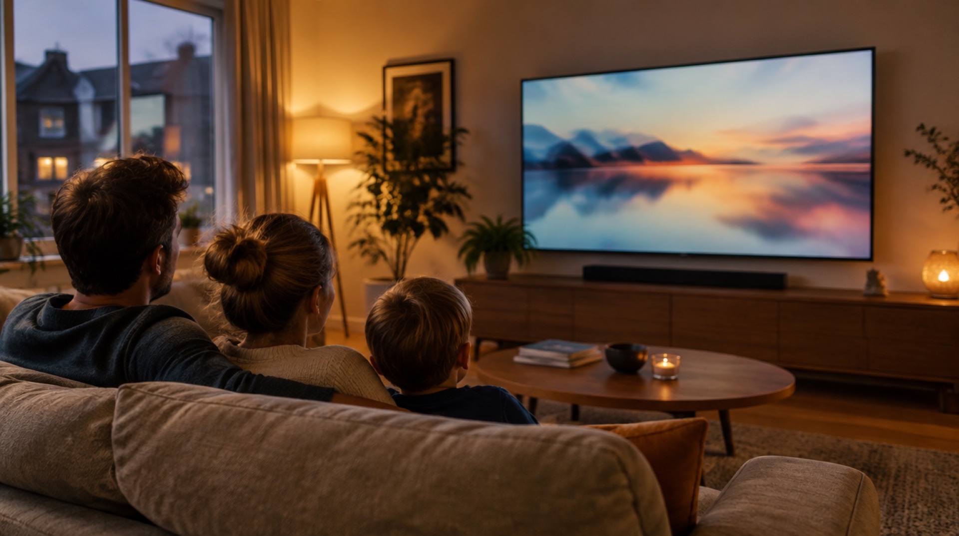 Gezin kijkt 's avonds op de bank naar een grote tv aan de muur